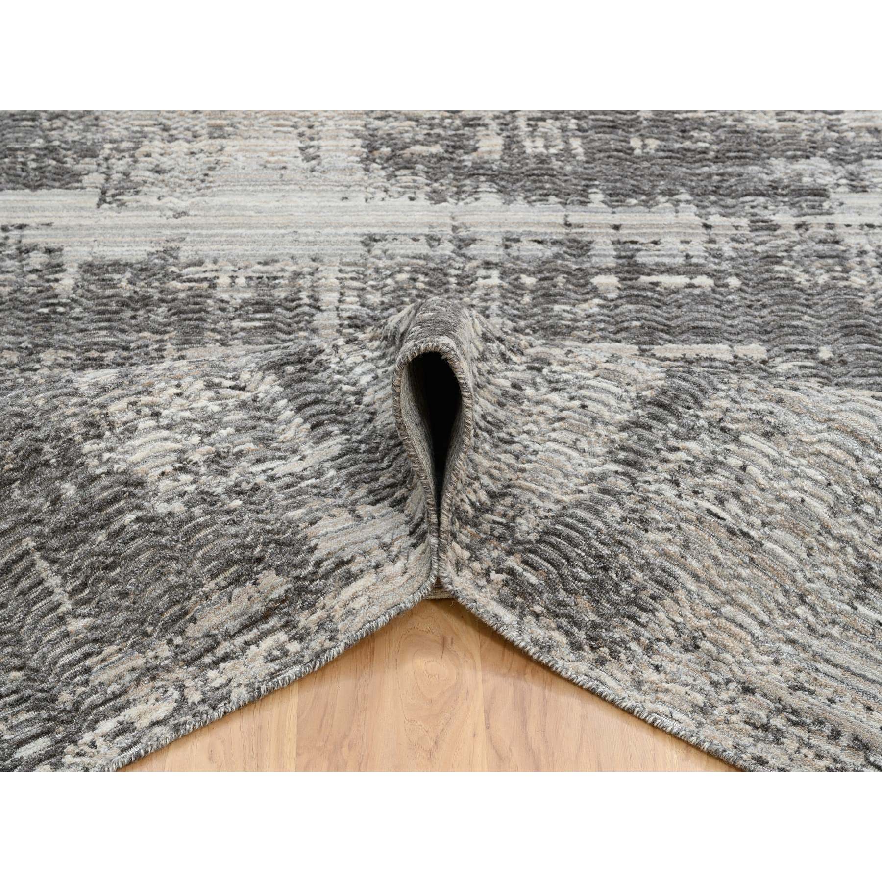 8'2"x10' Gray Natural Wool, Variegated Texture Modern Abstract Design, Hand Loomed Oriental Rug 