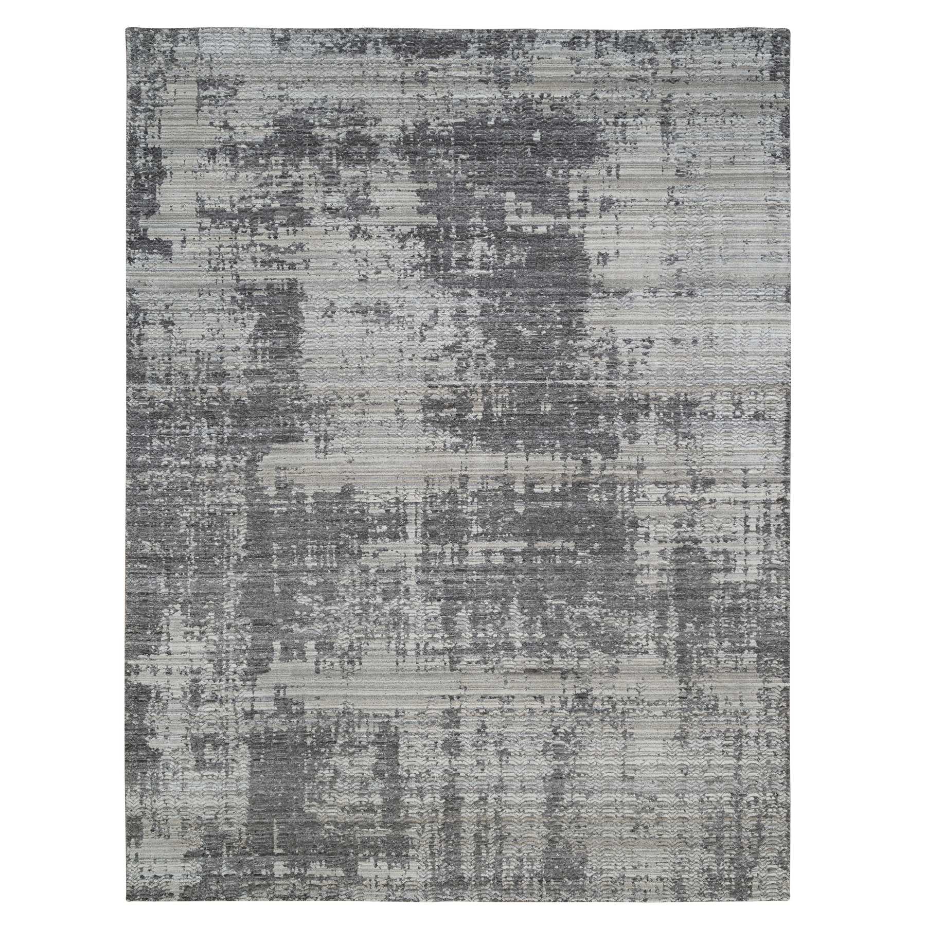 9'1"x12' Gray Natural Wool, Variegated Texture Modern Abstract Design, Hand Loomed Oriental Rug 