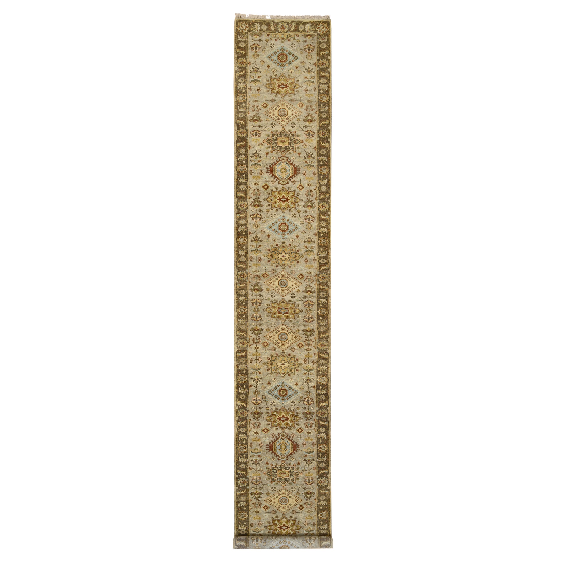 2'8"x16'1" Gray-Brown Karajeh Design with Tribal Medallions Hand Woven, Pure Wool Runner Oriental Rug 