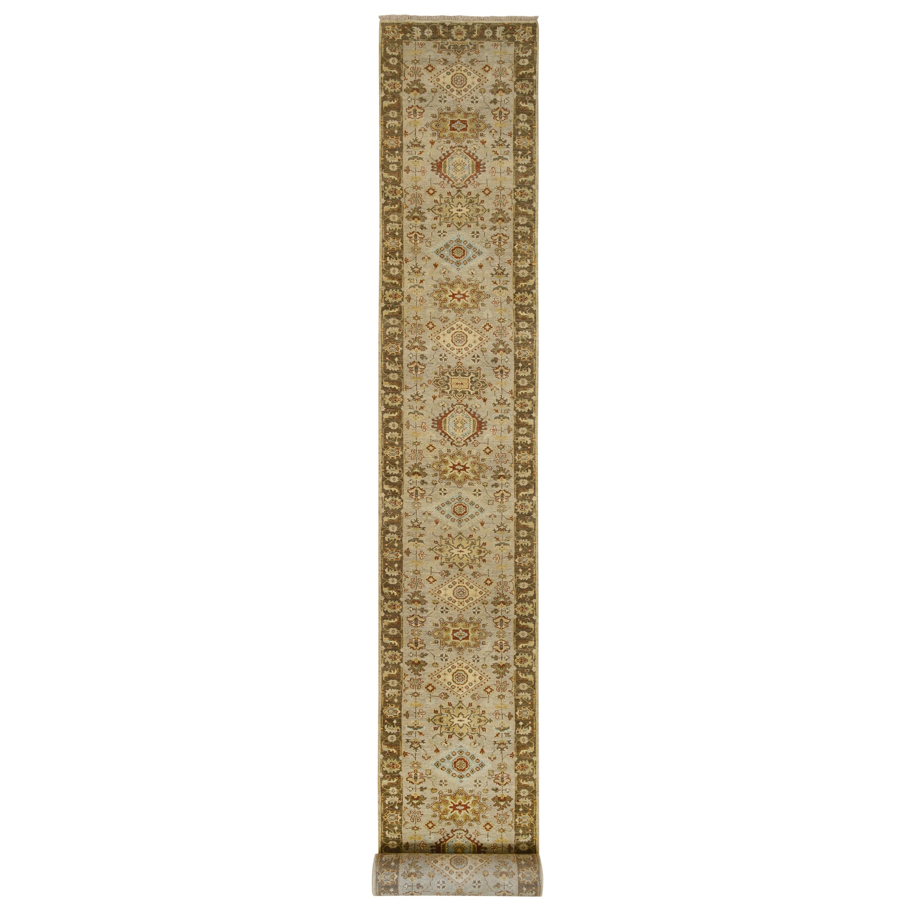 2'8x19'10" Gray-Brown Karajeh Design with Tribal Medallions Hand Woven Pure Wool Oriental Runner Rug 