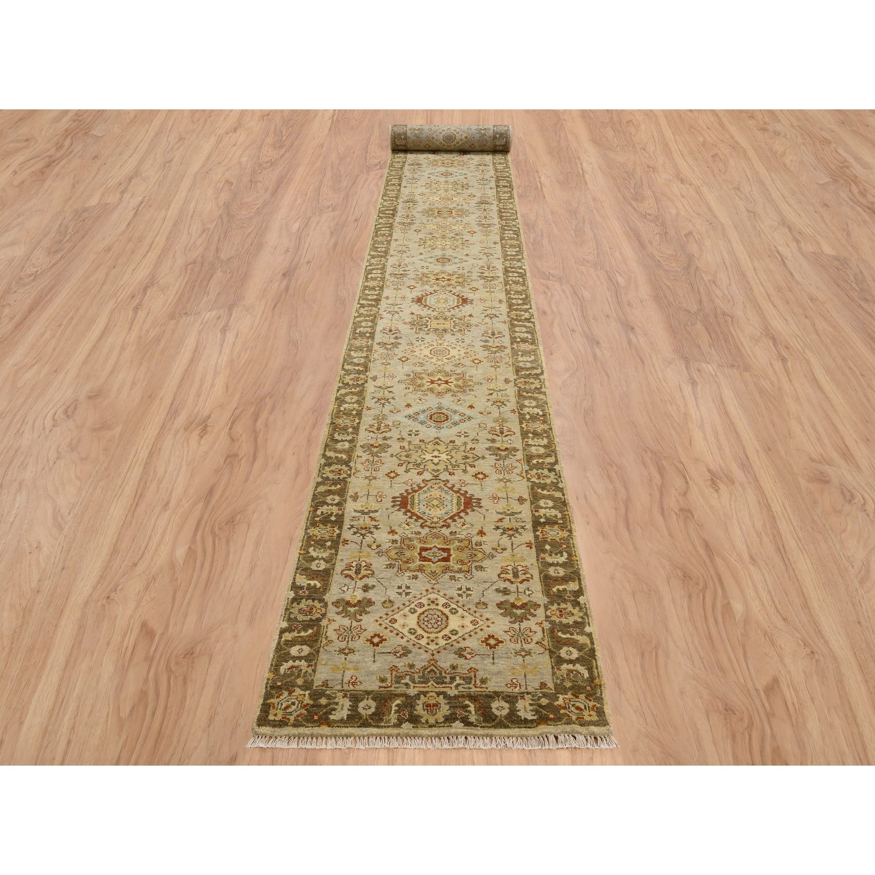 2'8x19'10" Gray-Brown Karajeh Design with Tribal Medallions Hand Woven Pure Wool Oriental Runner Rug 