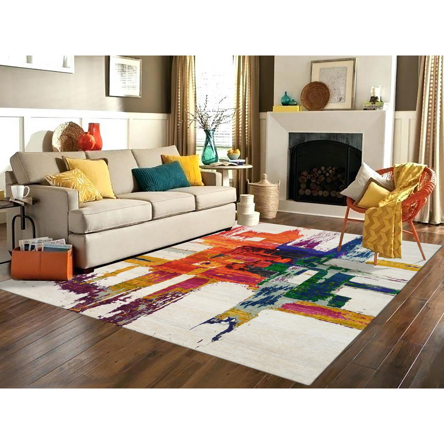 9'x12' Colorful, Wool and Silk Hand Woven, Abstract Design Hi-Low Pile, Oriental Rug 
