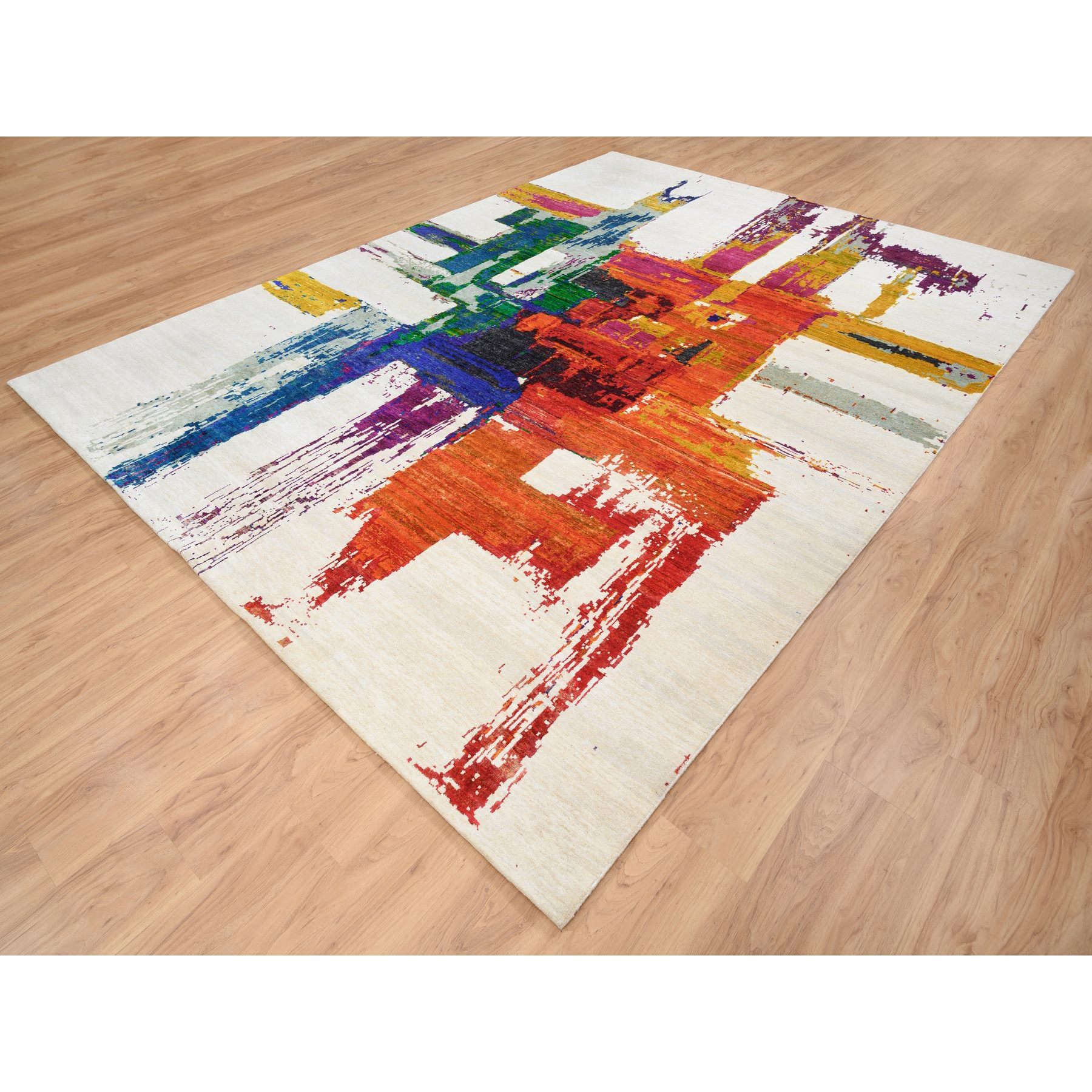 9'x12' Colorful, Wool and Silk Hand Woven, Abstract Design Hi-Low Pile, Oriental Rug 