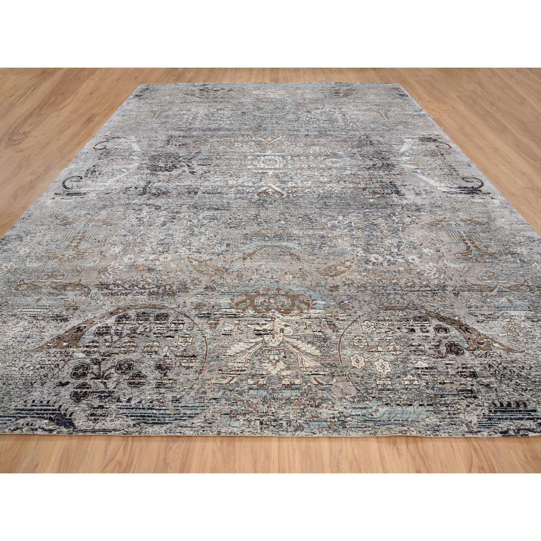 11'10"x15' Gray, Modern Transitional Persian Influence Erased Medallion Design, Silk with Textured Wool Hand Woven, Oversized Oriental Rug 