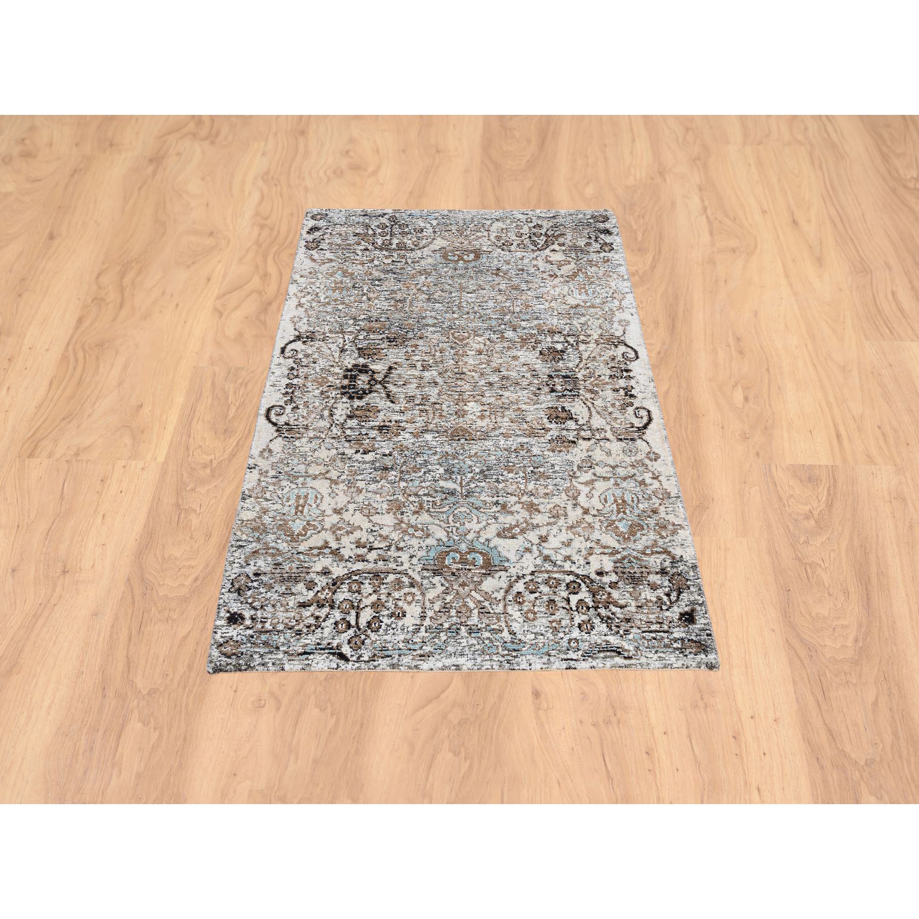 3'x5' Gray, Modern Transitional Persian Influence Erased Medallion Design, Silk with Textured Wool Hand Woven, Oriental Rug 