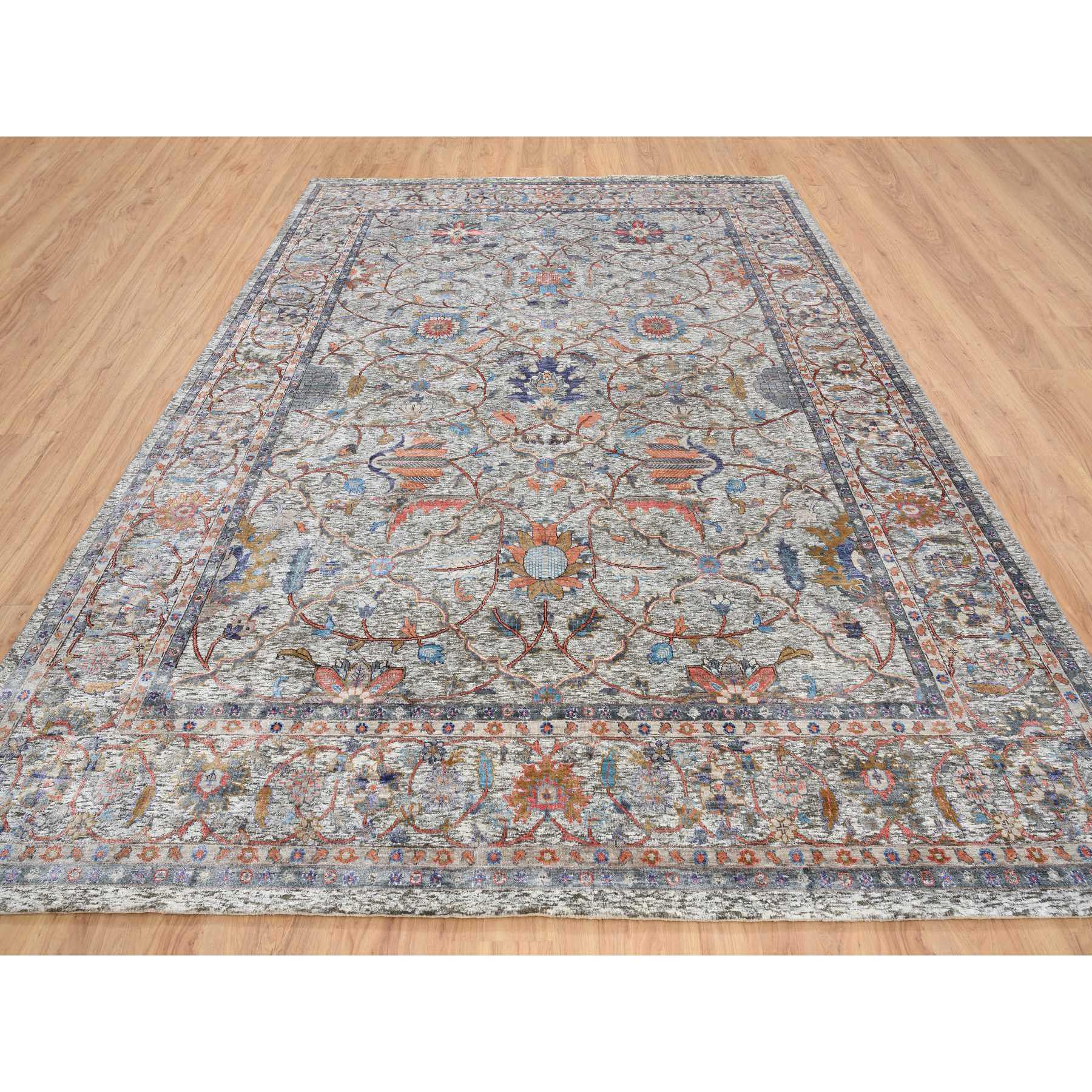 9'x12' Taupe, Salt and Pepper Effect, Silk with Textured Wool Persian Scrolls Leaf and Flower Design, Hand Woven Oriental Rug 