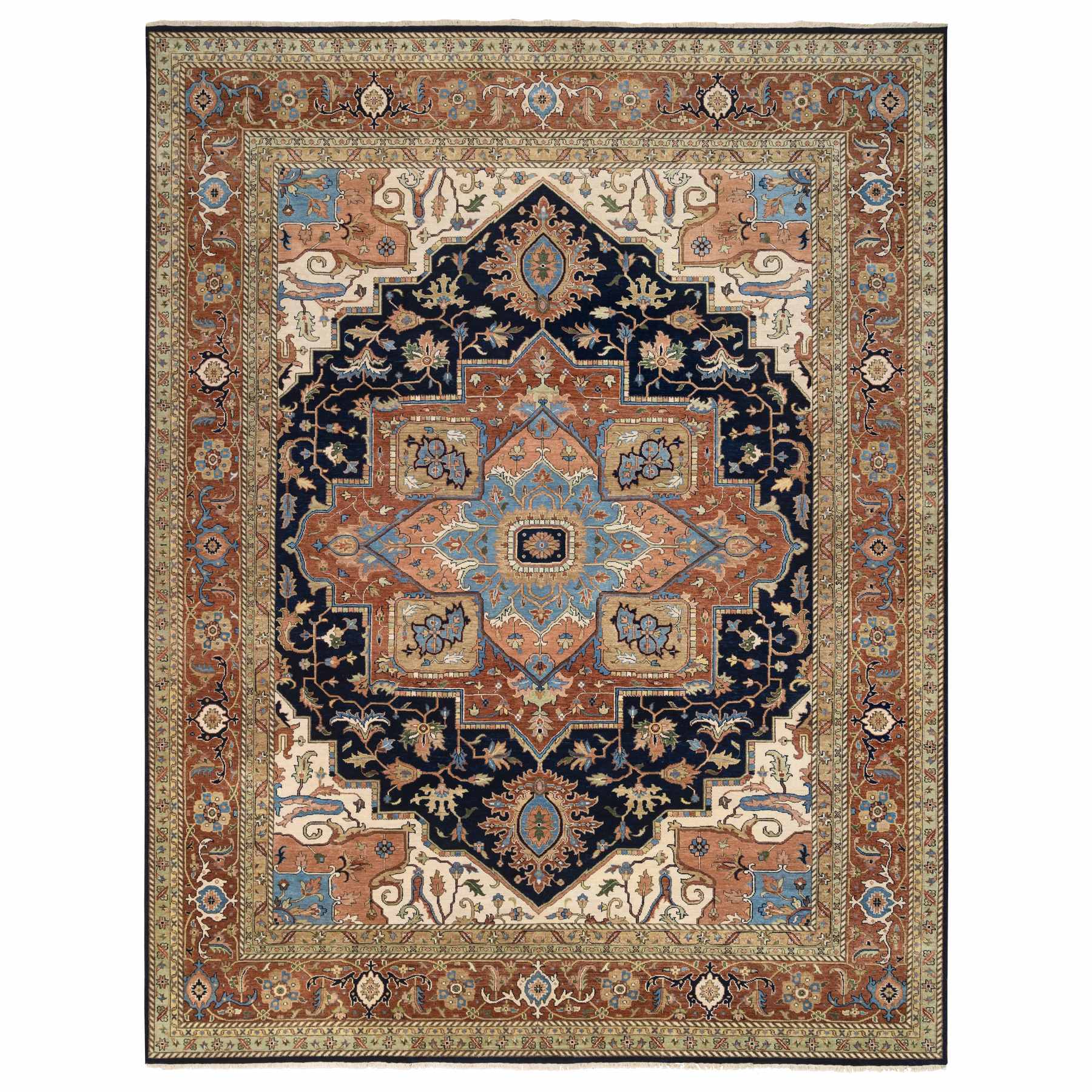 12'x15'4" Navy and Rust, Heriz with Classic Geometric Medallion Design, Thick and Plush Pure Wool Hand Woven, Oversized Oriental Rug 