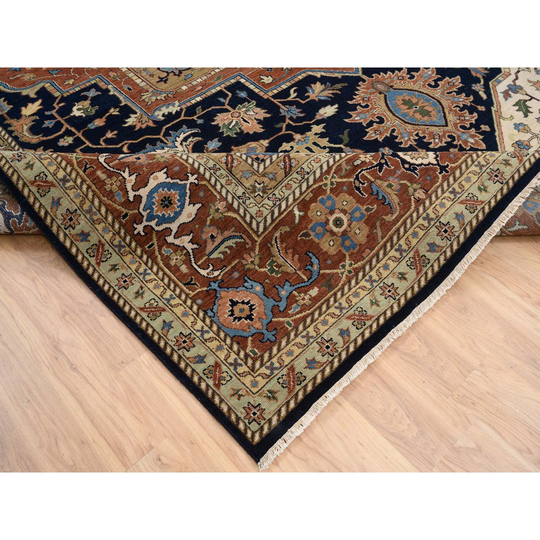 12'x15'4" Navy and Rust, Heriz with Classic Geometric Medallion Design, Thick and Plush Pure Wool Hand Woven, Oversized Oriental Rug 