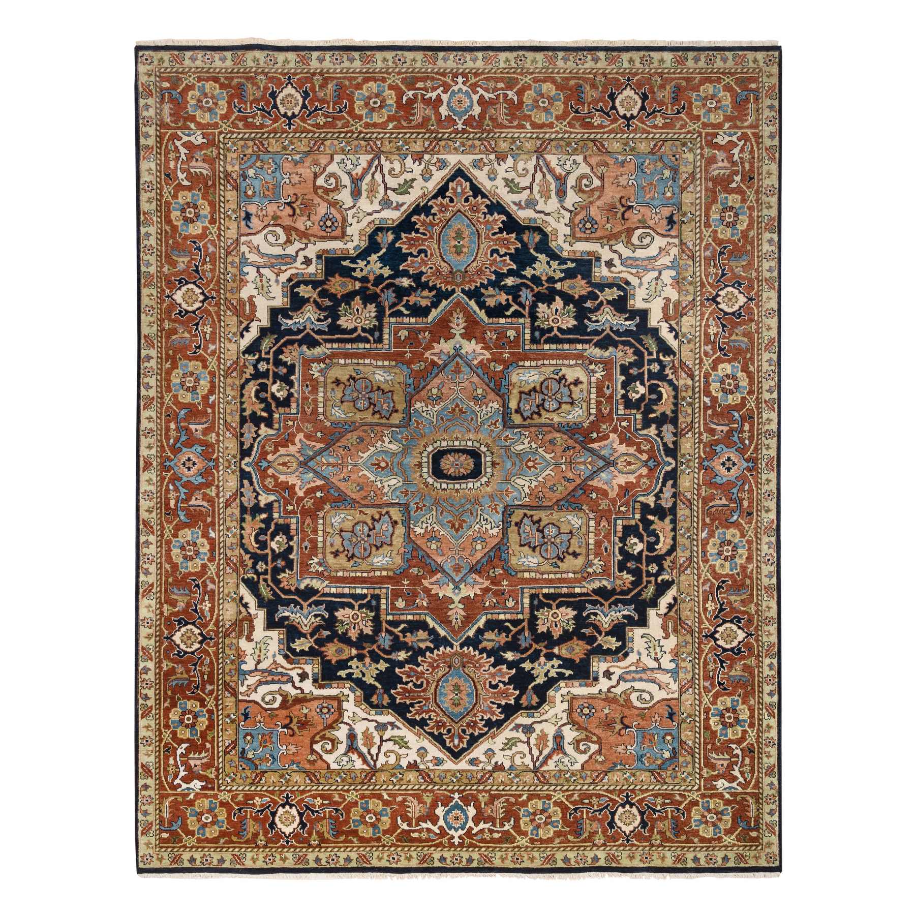 8'x9'10" Navy and Rust, Heriz with Classic Geometric Medallion Design, Thick and Plush Pure Wool Hand Woven, Oriental Rug 