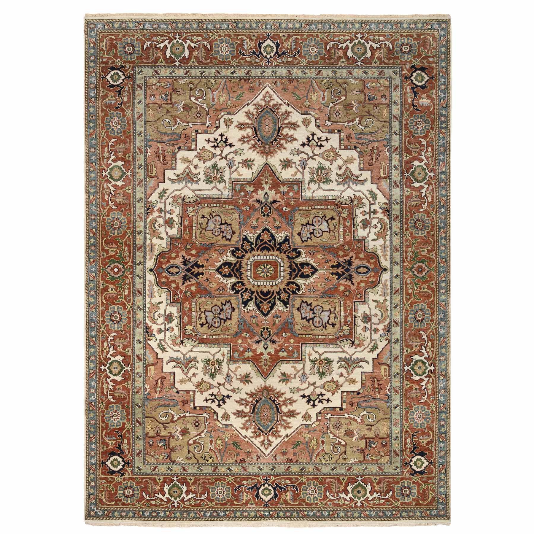 8'10"x12'4" Ivory and Rust, Heriz with Classic Geometric Medallion Design, Thick and Plush Pure Wool Hand Woven, Oriental Rug 