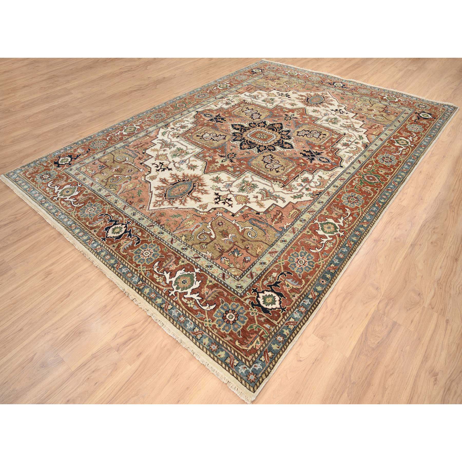 8'10"x12'4" Ivory and Rust, Heriz with Classic Geometric Medallion Design, Thick and Plush Pure Wool Hand Woven, Oriental Rug 