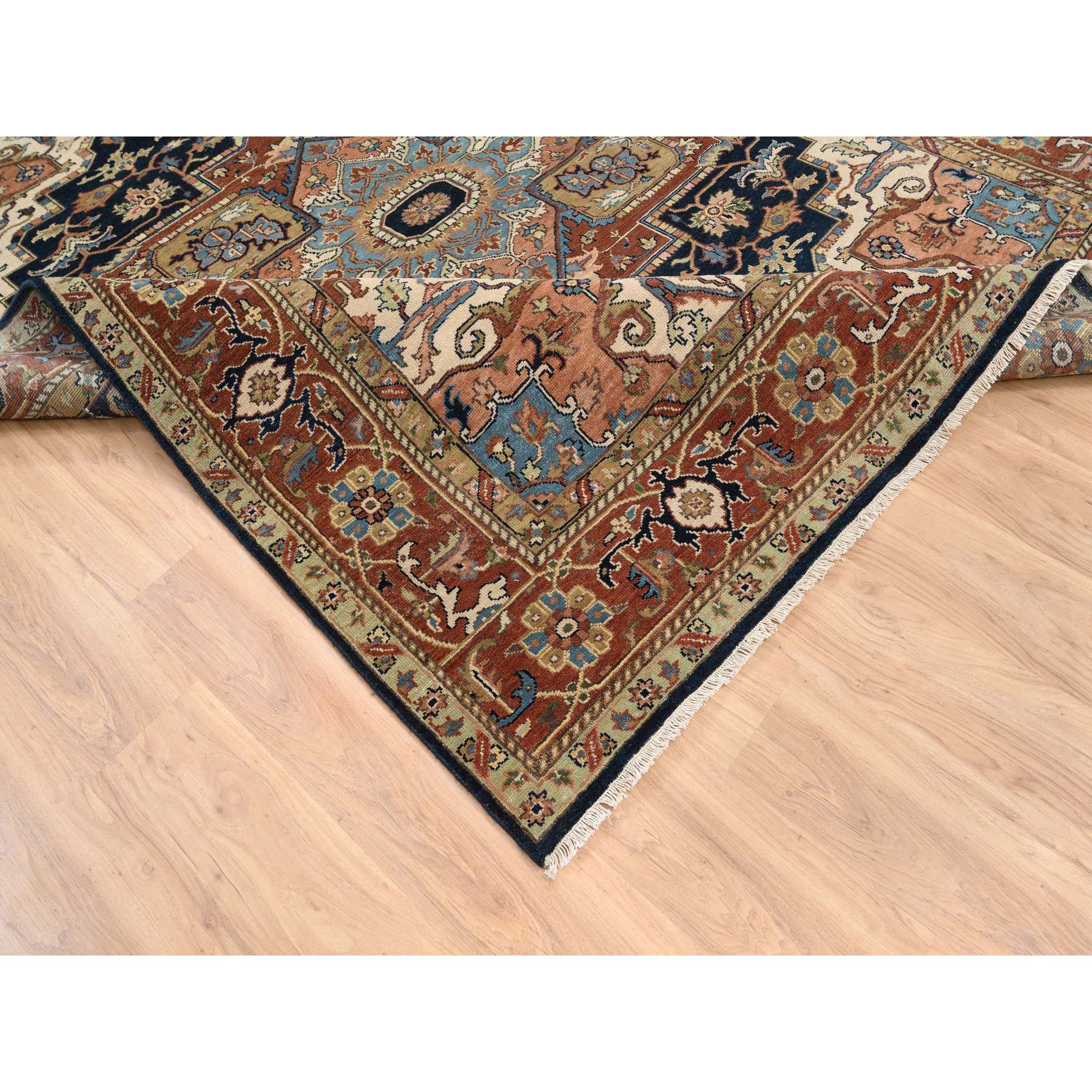 8'x9'10" Navy and Rust, Heriz with Classic Geometric Medallion Design, Thick and Plush Pure Wool Hand Woven, Oriental Rug 
