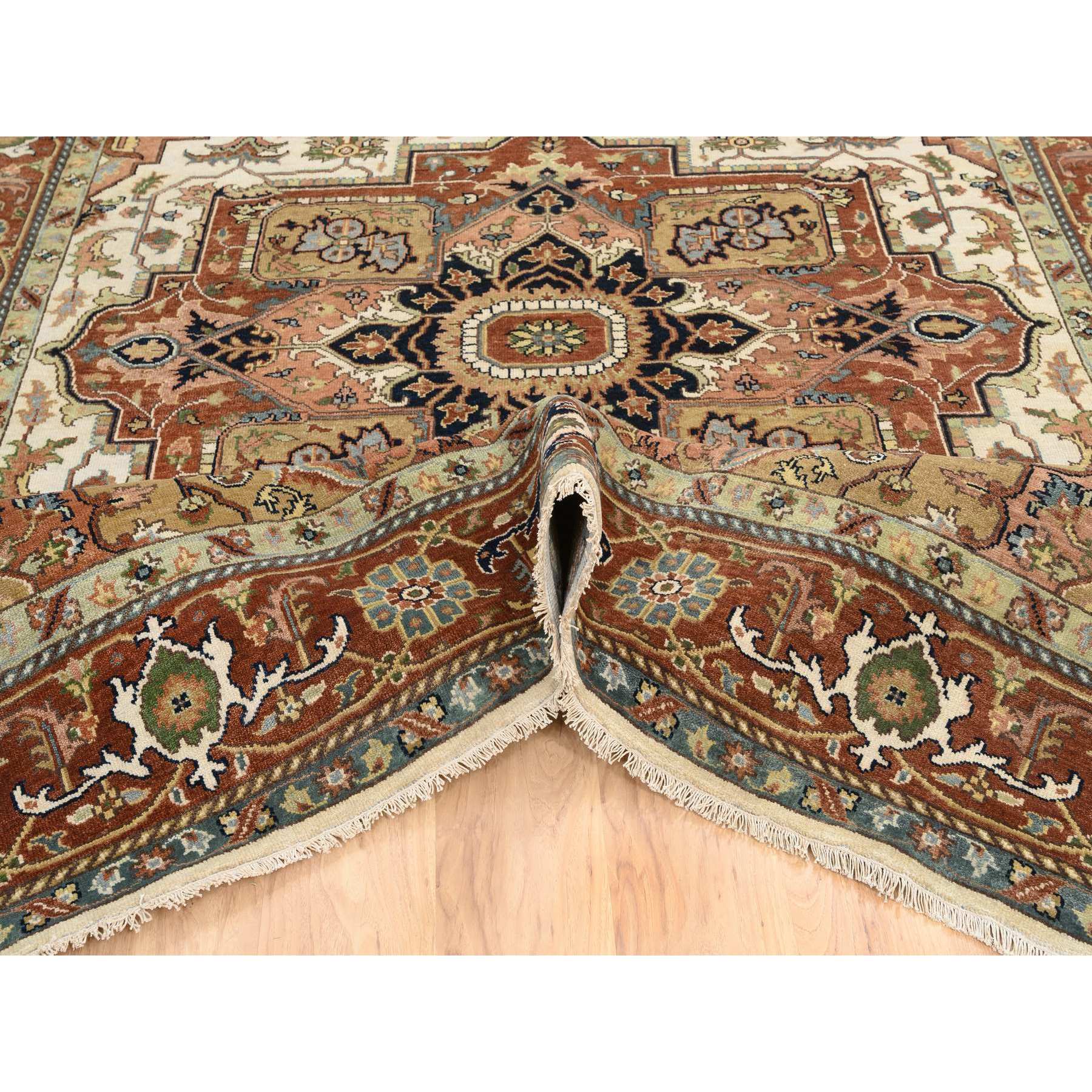 7'10"x10' Ivory and Rust, Hand Woven Heriz with Classic Geometric Medallion Design, Thick and Plush Pure Wool, Oriental Rug 