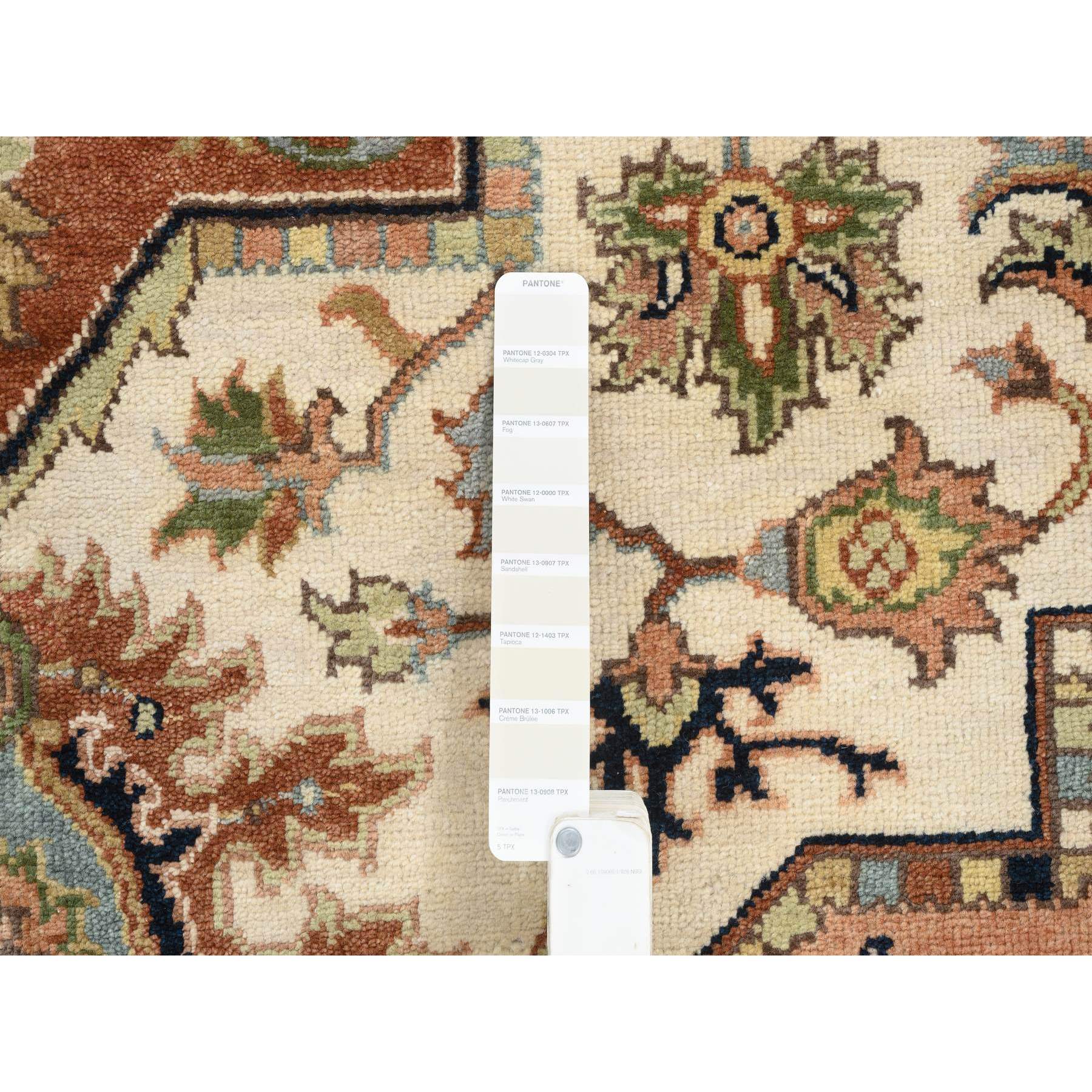 7'10"x10'3" Ivory and Rust, Thick and Plush Pure Wool Hand Woven, Heriz with Classic Geometric Medallion Design, Oriental Rug 