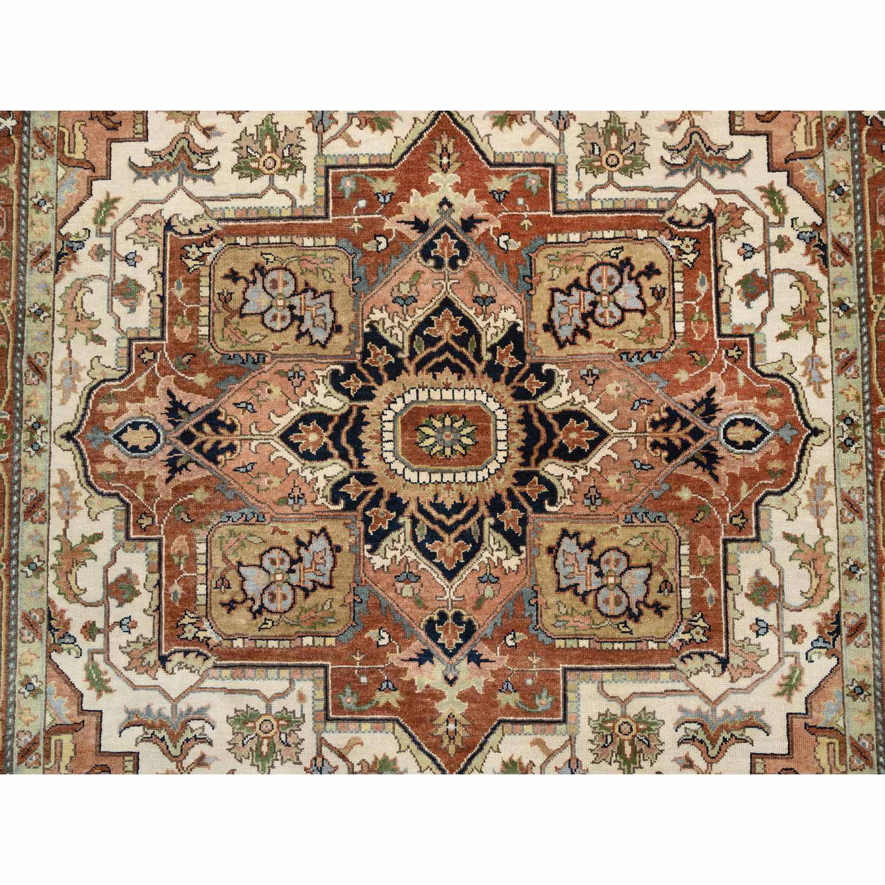 7'10"x10'3" Ivory and Rust, Thick and Plush Pure Wool Hand Woven, Heriz with Classic Geometric Medallion Design, Oriental Rug 