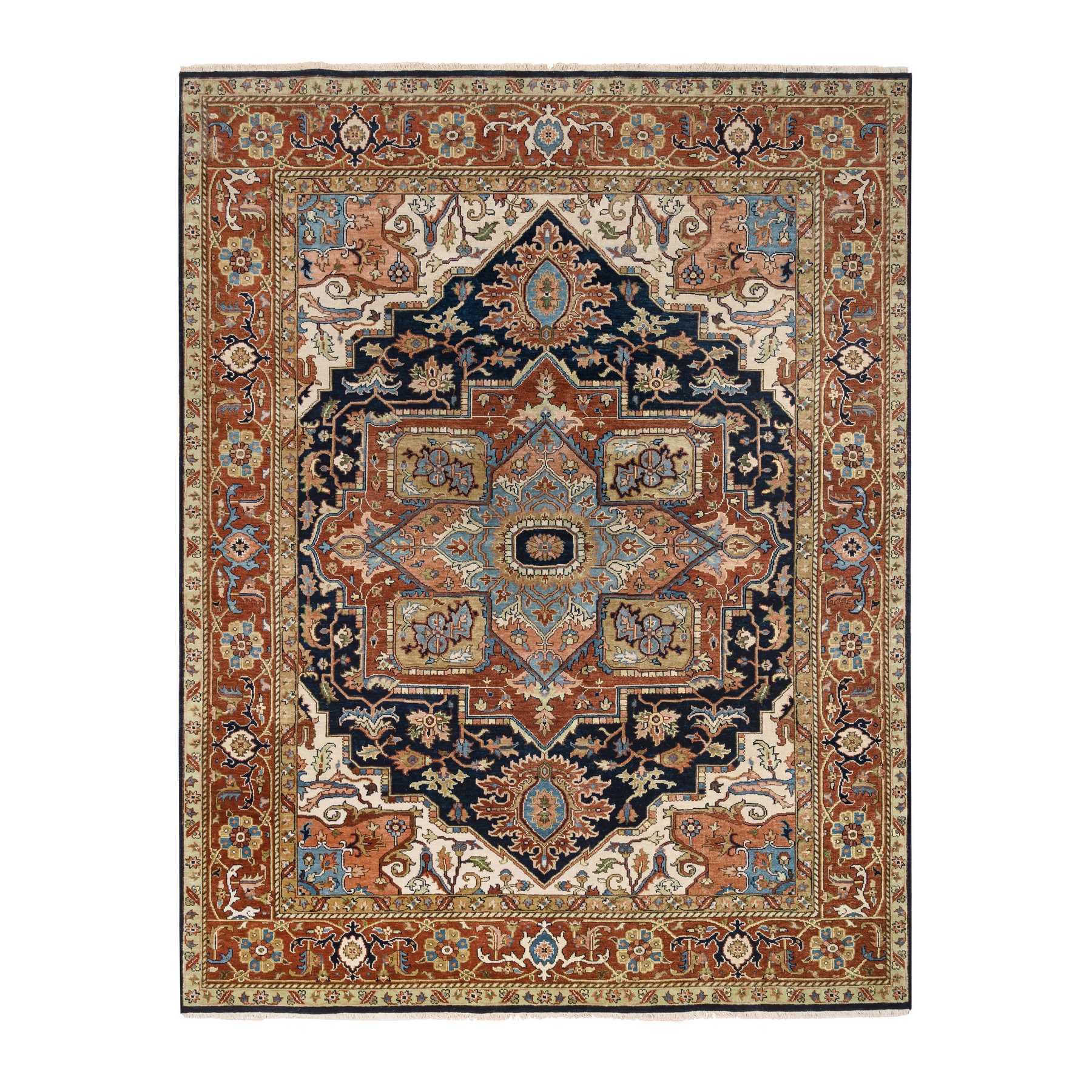 8'x9'10" Navy and Rust, Pure Wool Hand Woven, Heriz with Classic Geometric Medallion Design Thick and Plush, Oriental Rug 