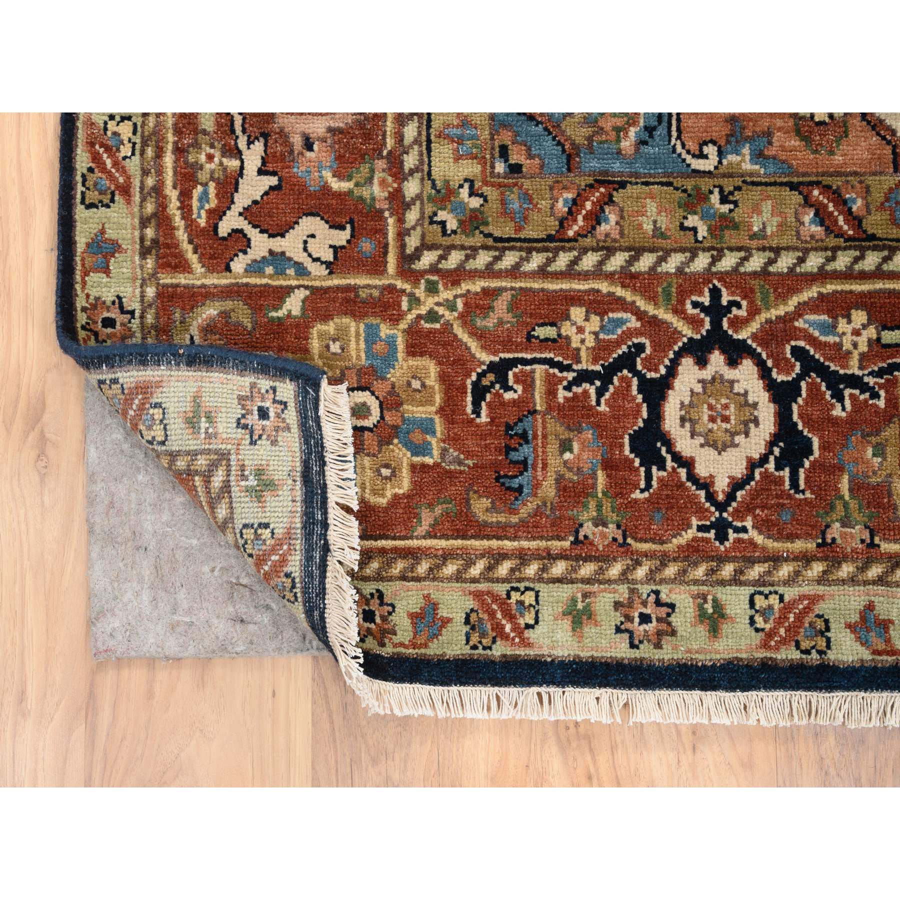 8'x9'10" Navy and Rust, Pure Wool Hand Woven, Heriz with Classic Geometric Medallion Design Thick and Plush, Oriental Rug 