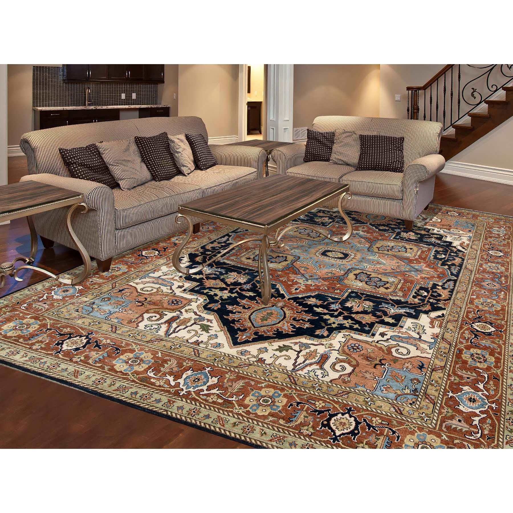 10'x14' Navy and Rust, Heriz with Classic Geometric Medallion Design, Thick and Plush Pure Wool Hand Woven, Oriental Rug 