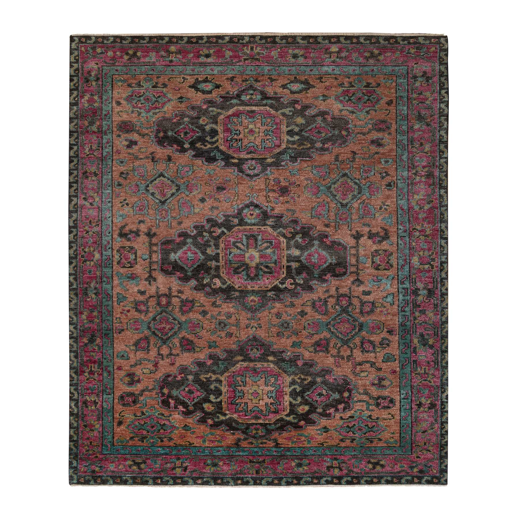 8'2"x10' Honey Brown with Purple Border, Anatolian Design Supple Collection Thick and Plush, Hand Woven Pure Wool, Oriental Rug 