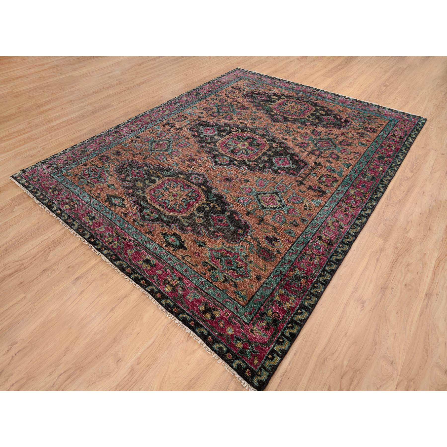 8'2"x10' Honey Brown with Purple Border, Anatolian Design Supple Collection Thick and Plush, Hand Woven Pure Wool, Oriental Rug 