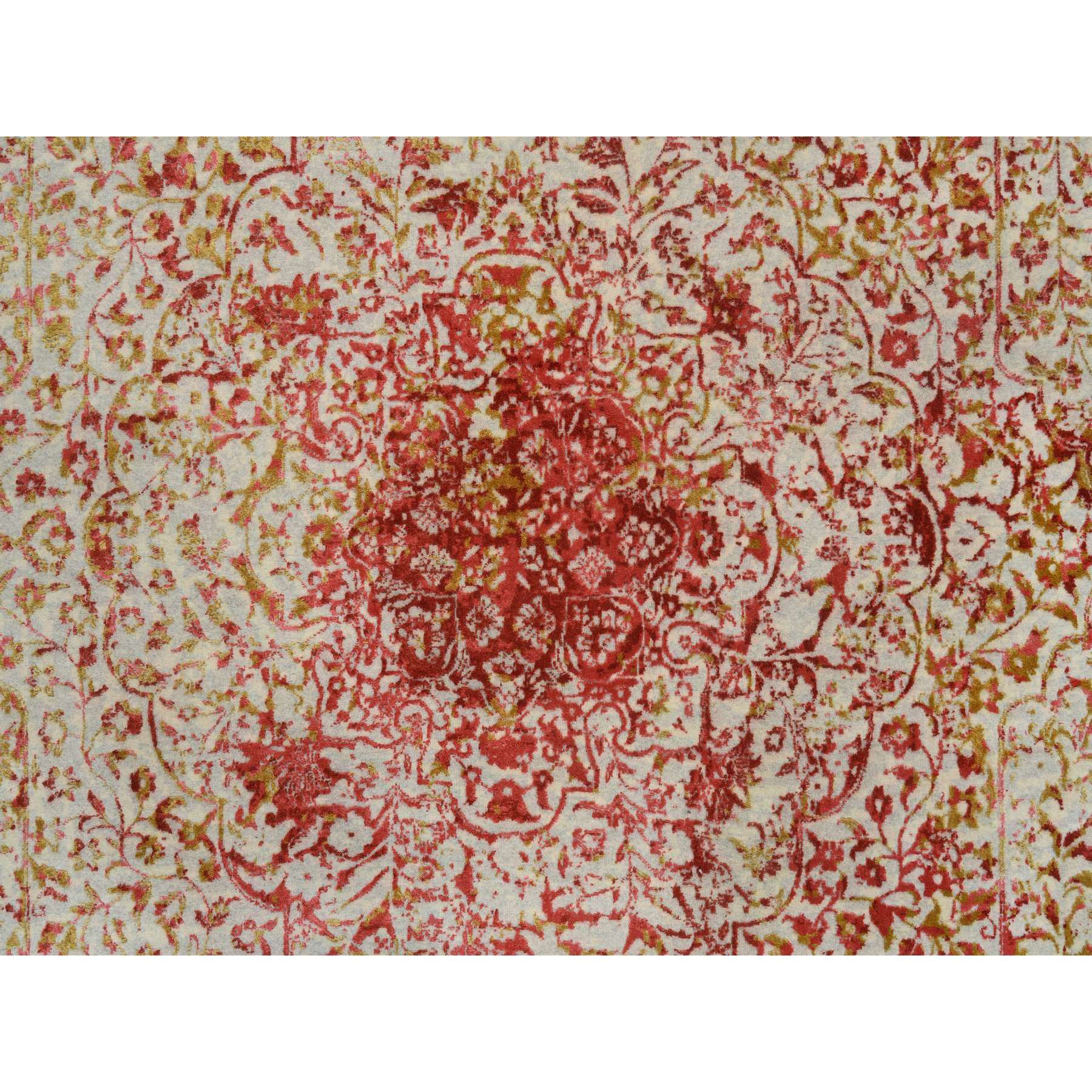 9'x12'1" Ivory and Red, Persian Erased Medallion Design, Wool and Pure Silk Hand Woven, Oriental Rug 