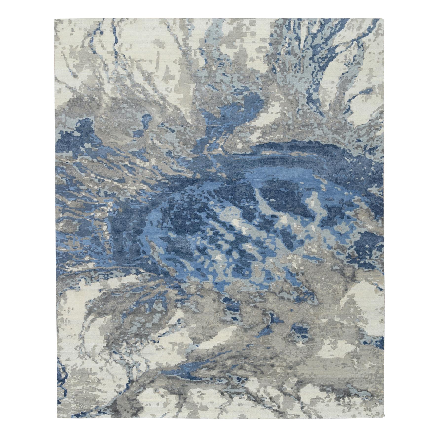 8'1"x10' Blue, Abstract Design Hi-low Pile, Wool and Silk Hand Woven, Oriental Rug 