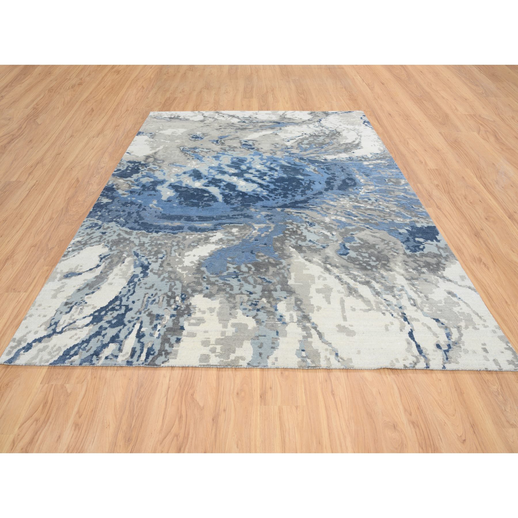 8'1"x10' Blue, Abstract Design Hi-low Pile, Wool and Silk Hand Woven, Oriental Rug 
