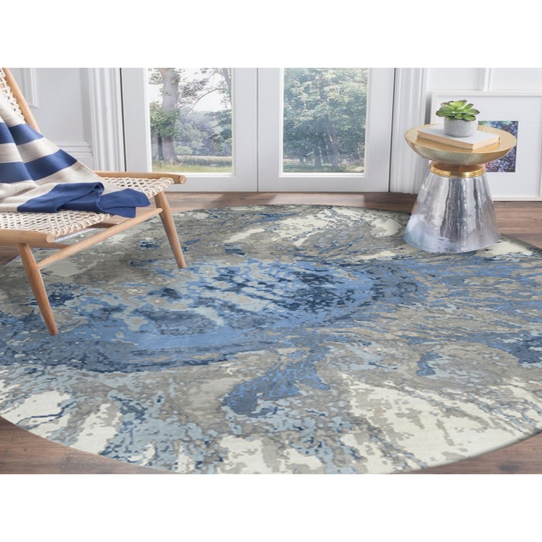 9'9"x9'9" Blue, Hand Woven Modern Abstract Design, Hi-low Pile Wool and Silk, Round Oriental Rug 