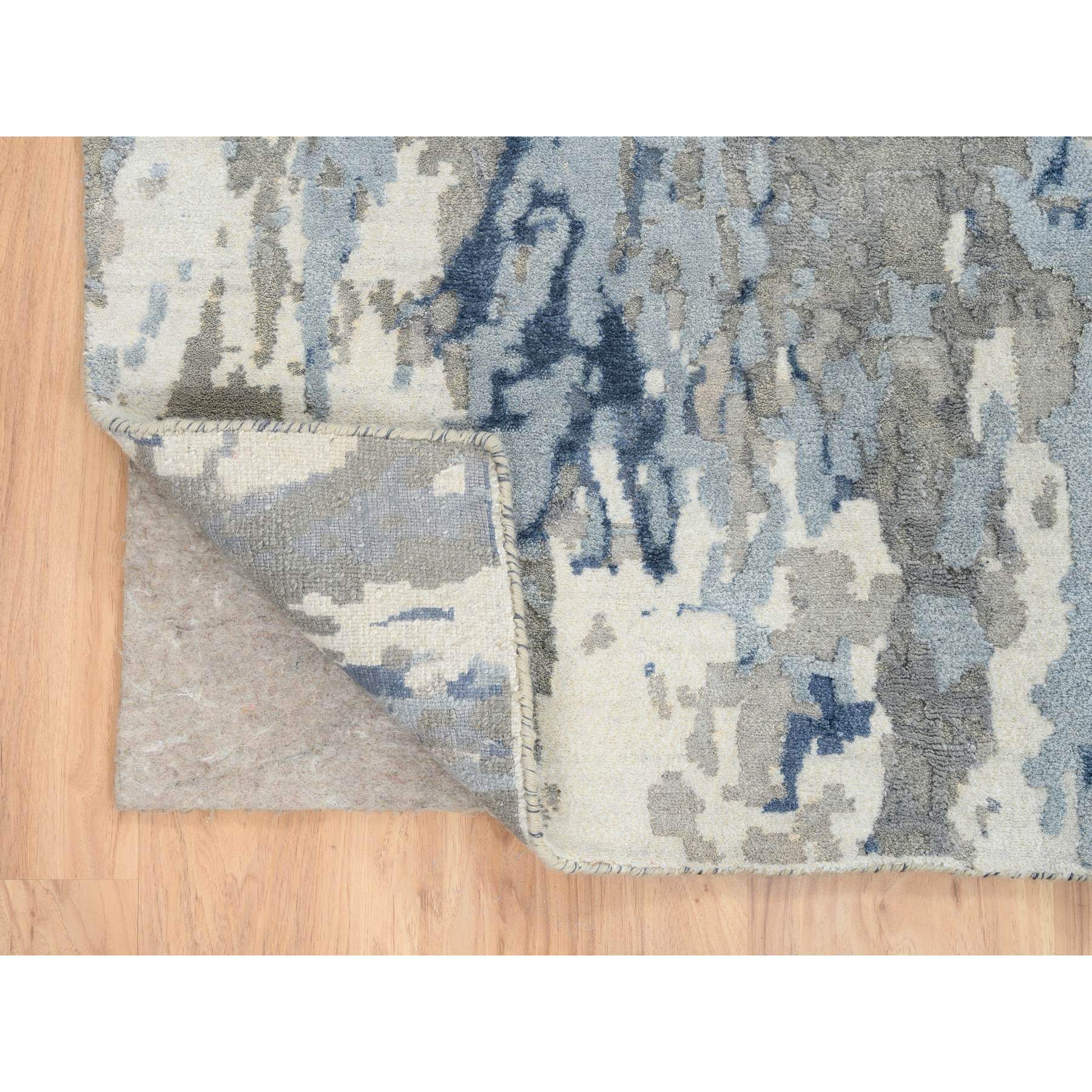 4'2"x9'10" Blue, Wool and Silk Hand Woven, Modern Abstract Design Hi-low Pile, Wide Runner Oriental Rug 