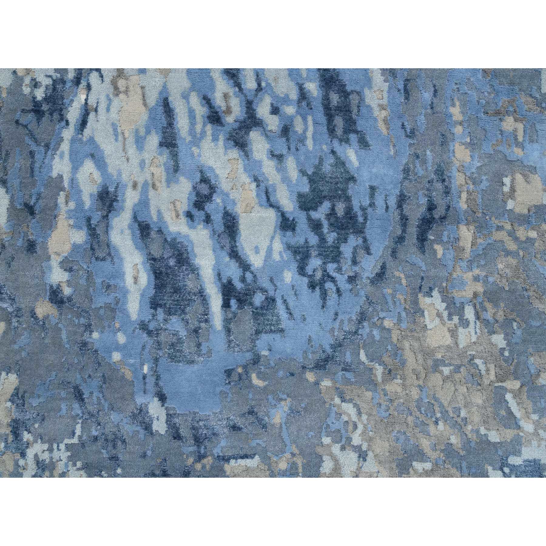 4'2"x9'10" Blue, Wool and Silk Hand Woven, Modern Abstract Design Hi-low Pile, Wide Runner Oriental Rug 