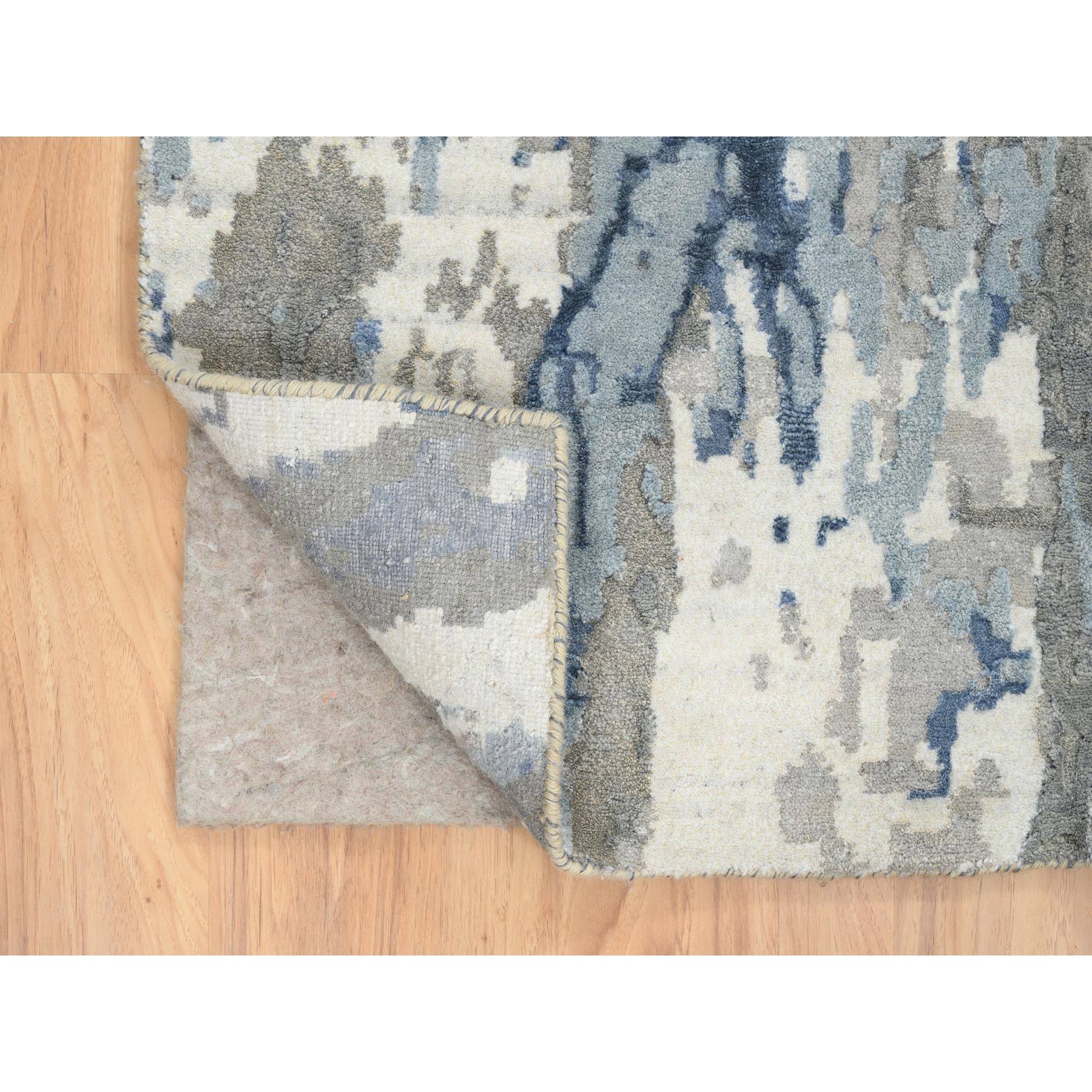 4'2"x11'9" Blue, Modern Abstract Design Hi-low Pile, Wool and Silk Hand Woven, Wide Runner Oriental Rug 