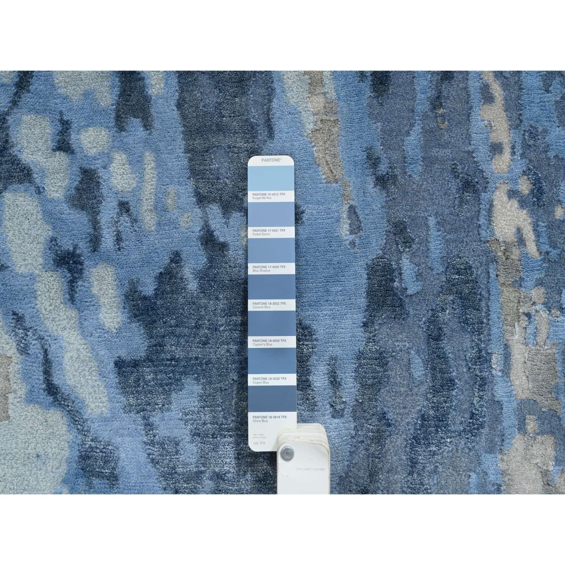 4'2"x11'9" Blue, Modern Abstract Design Hi-low Pile, Wool and Silk Hand Woven, Wide Runner Oriental Rug 