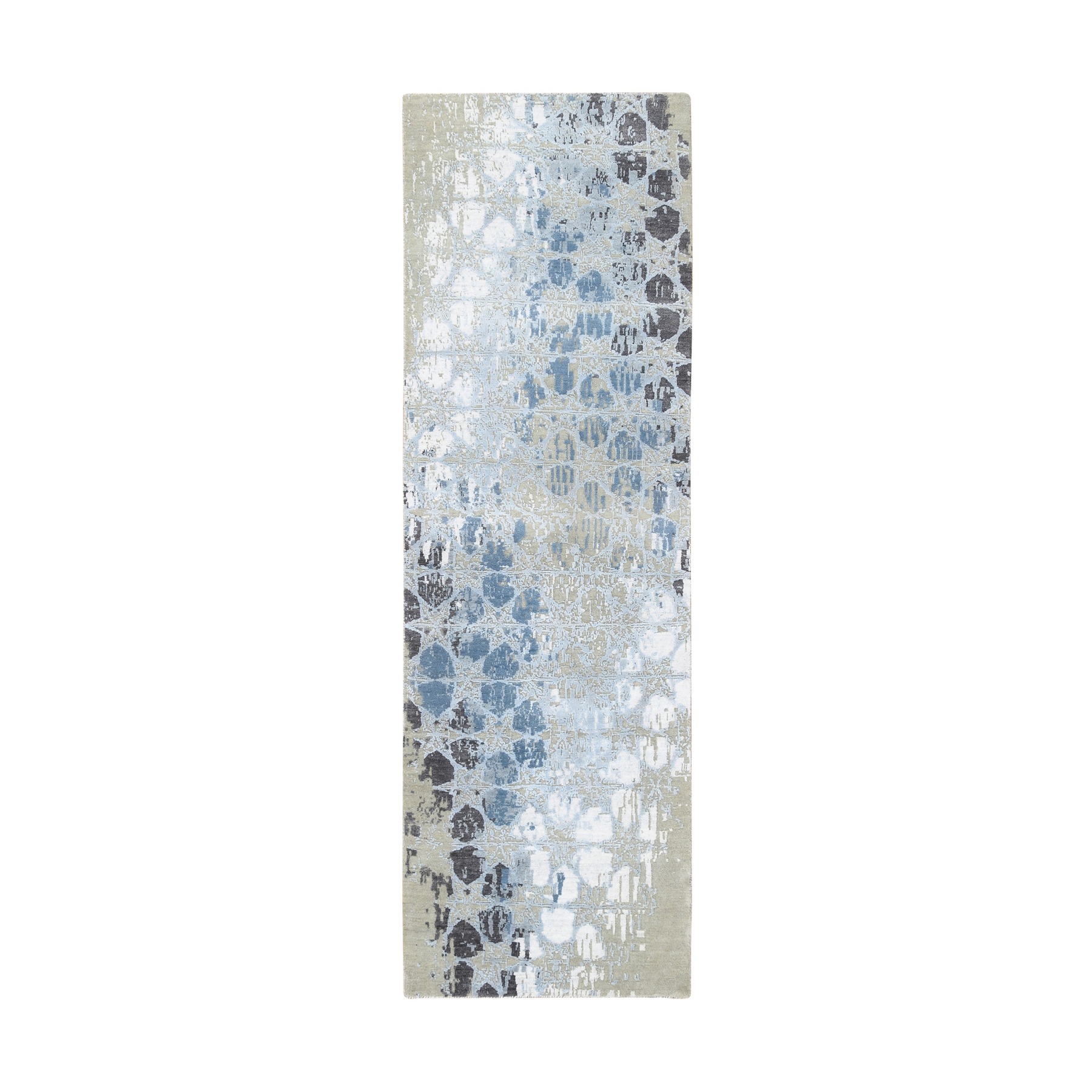 2'6"x8' Gray and Blue, THE HONEYCOMB Award Winning Design, Wool and Silk Hand Woven, Runner Oriental Rug 
