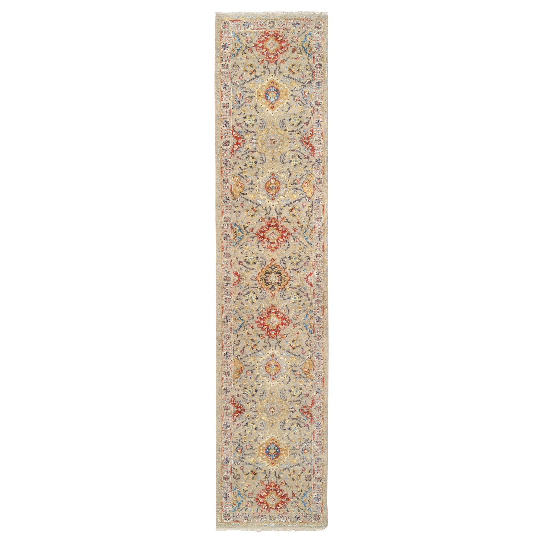 2'6"x12' Beige, THE SUNSET ROSETTES with Soft Colors, Wool and Pure Silk Hand Woven, Runner Oriental Rug 