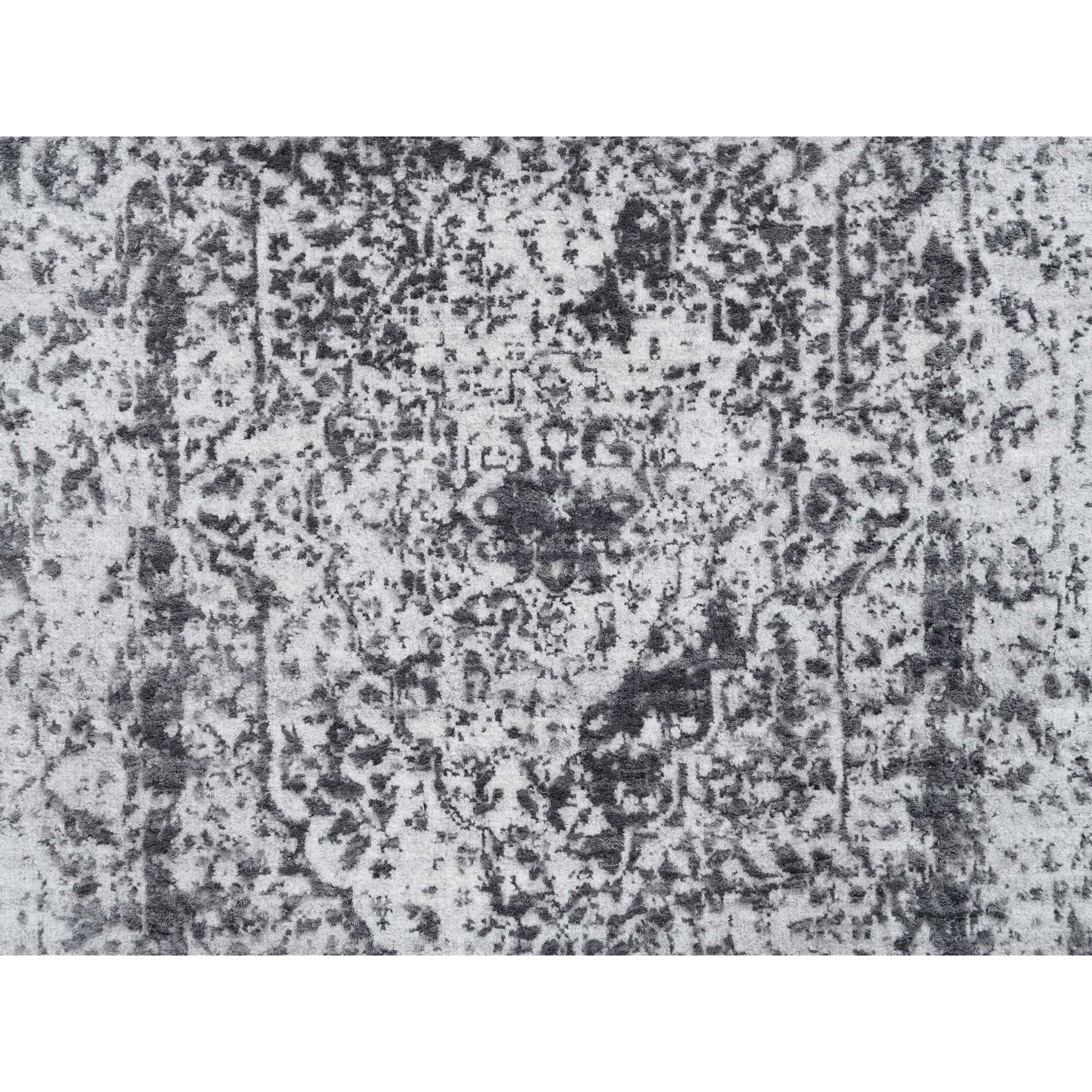 2'7"x18'1" Silver Gray, Hand Woven Erased Persian Design, Wool and Pure Silk, Runner Oriental Rug 