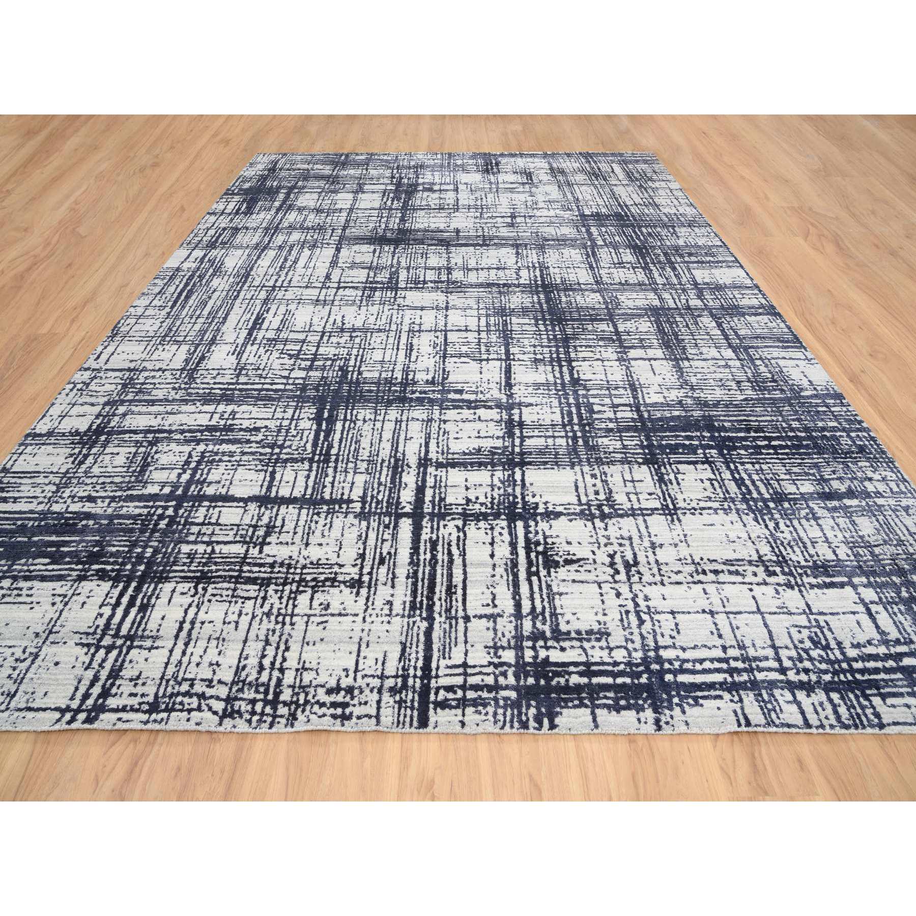 10'x13'9" Charcoal Black, Modern Erased Lines Design, Wool and Plant Based Silk Hand Loomed, Oriental Rug 