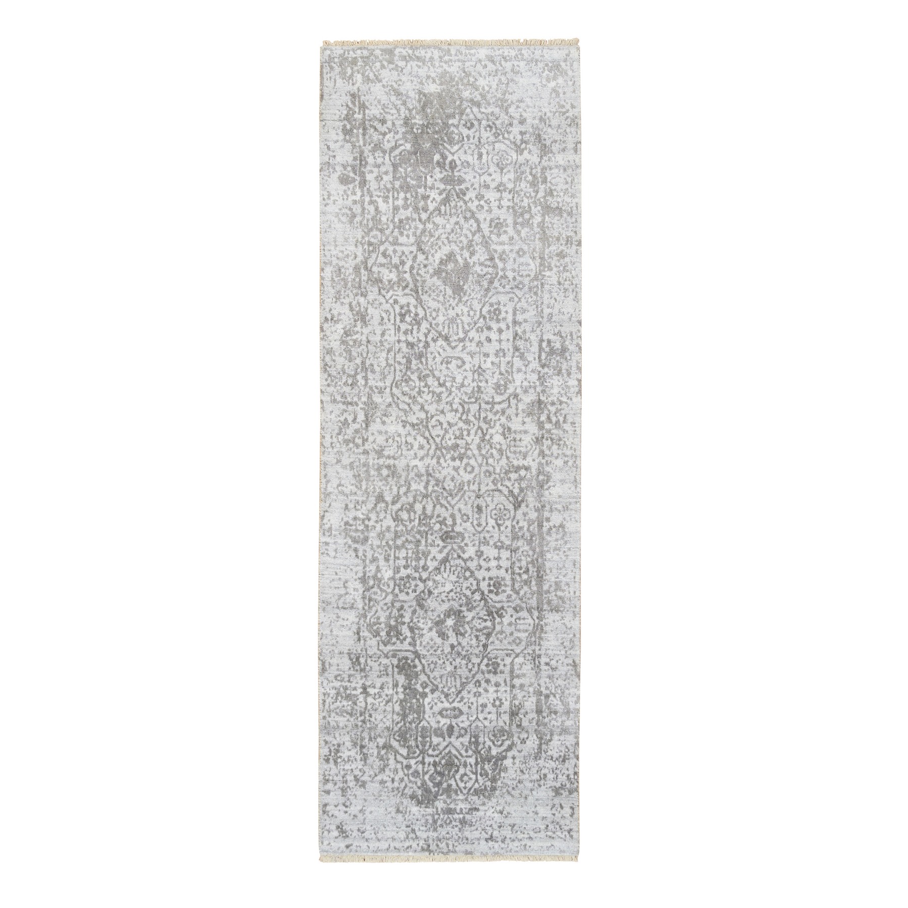 2'6"x8' Gray, Broken Persian Design, Wool and Pure Silk Hand Woven, Runner Oriental Rug 