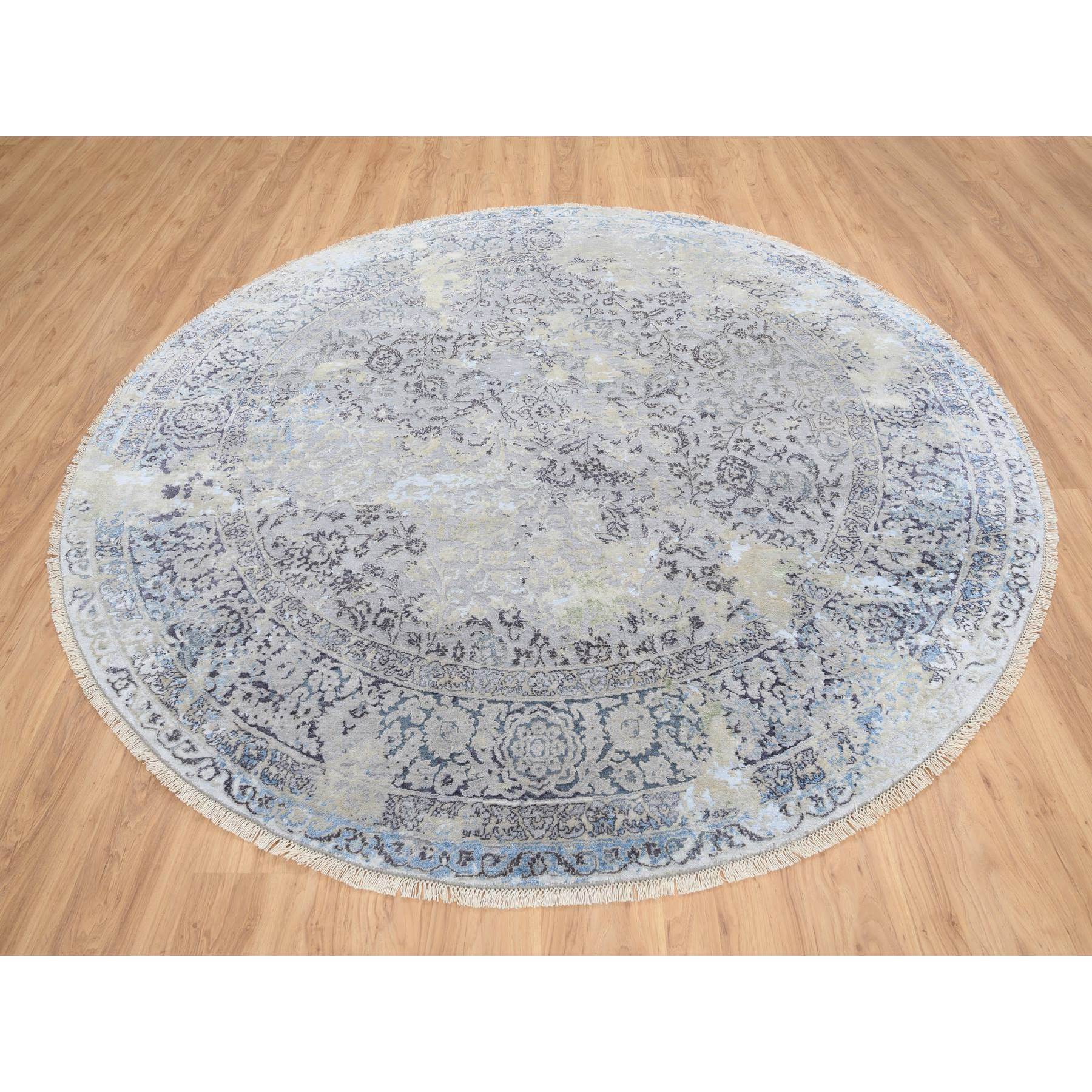 8'1"x8'1" Gray and Blue, Broken Kashan Design, Wool With Pure Silk Hand Woven, Round Oriental Rug 