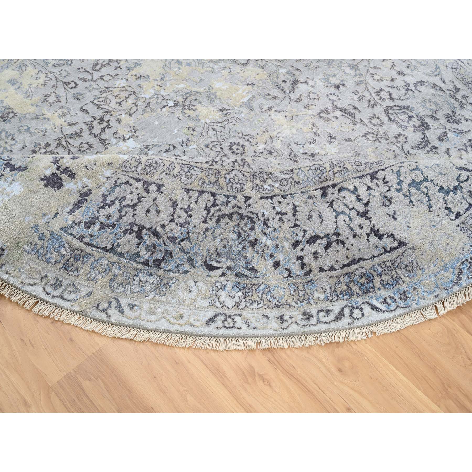 8'1"x8'1" Gray and Blue, Broken Kashan Design, Wool With Pure Silk Hand Woven, Round Oriental Rug 