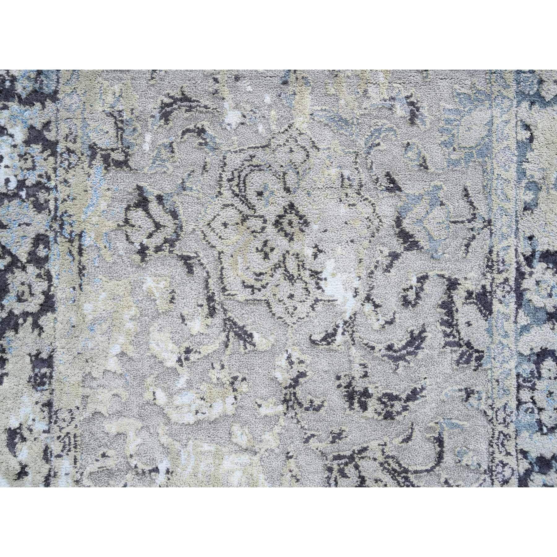 2'6"x6'1" Gray and Blue, Hand Woven Broken Kashan Design, Wool With Pure Silk, Runner Oriental Rug 