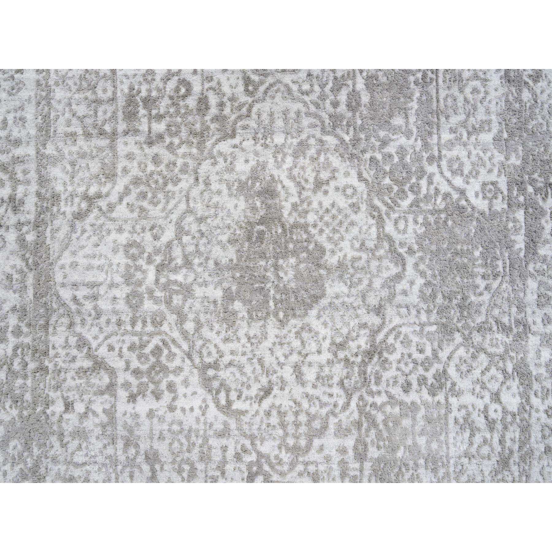 4'2"x6' Gray, Wool and Pure Silk Hand Woven, Broken Persian Design, Oriental Rug 