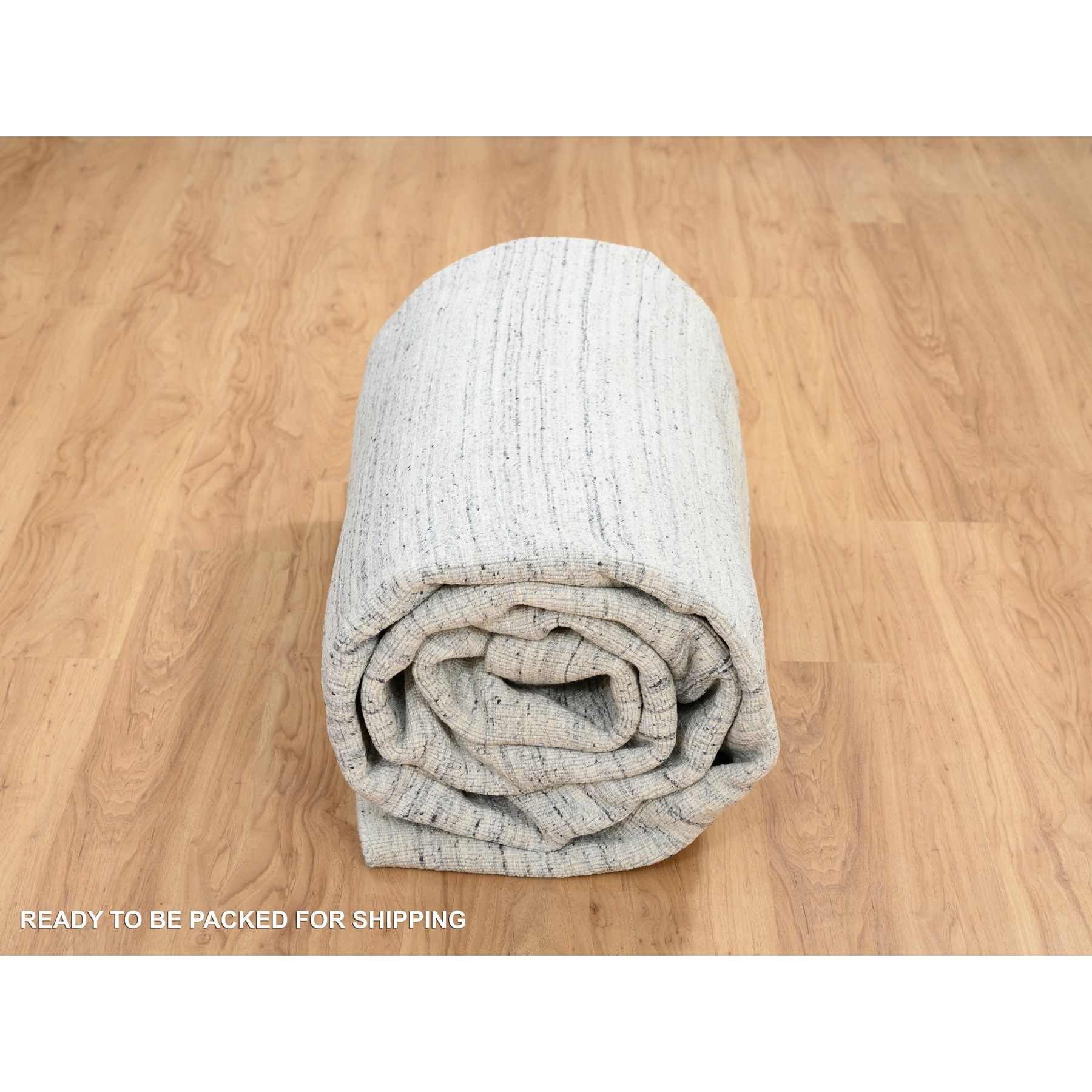 9'x11'10" Ivory, Soft Pile Organic Wool, Hand Loomed Plain Modern Striped Design, Oriental Rug 