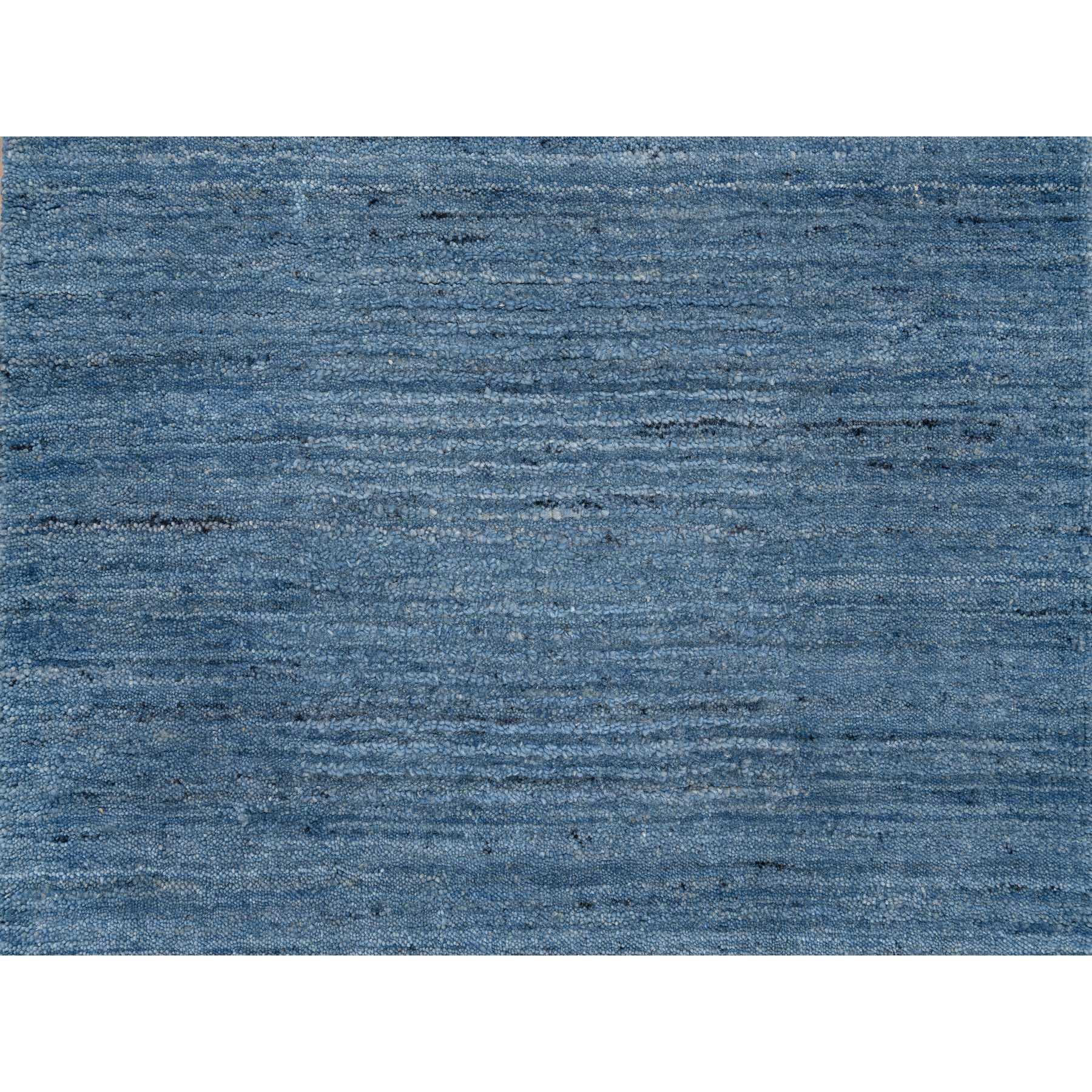 2'6"x6'1" Denim Blue, Hand Loomed Modern Design, Tone on Tone Natural Wool, Runner Oriental Rug 