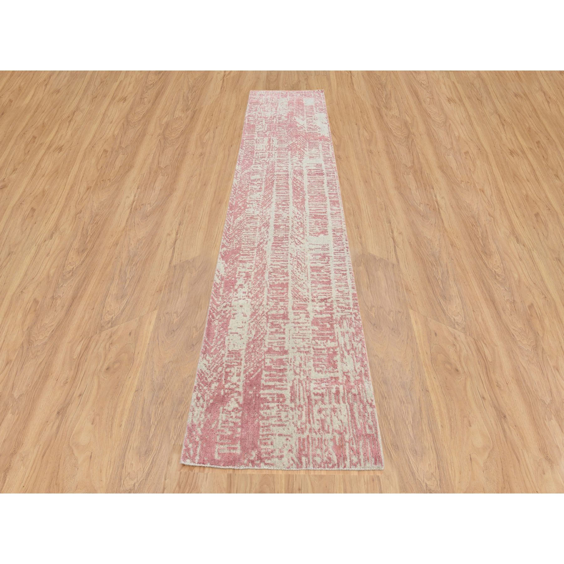 2'6"x12'1" Rose Pink, Wool and Art Silk Jacquard Hand Loomed, All Over Design, Runner Oriental Rug 