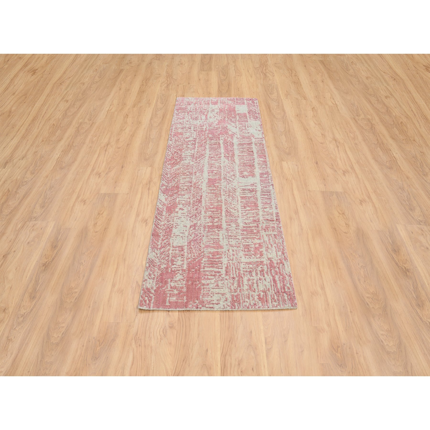 2'6"x8' Rose Pink, All Over Design Wool and Art Silk, Jacquard Hand Loomed, Runner Oriental Rug 