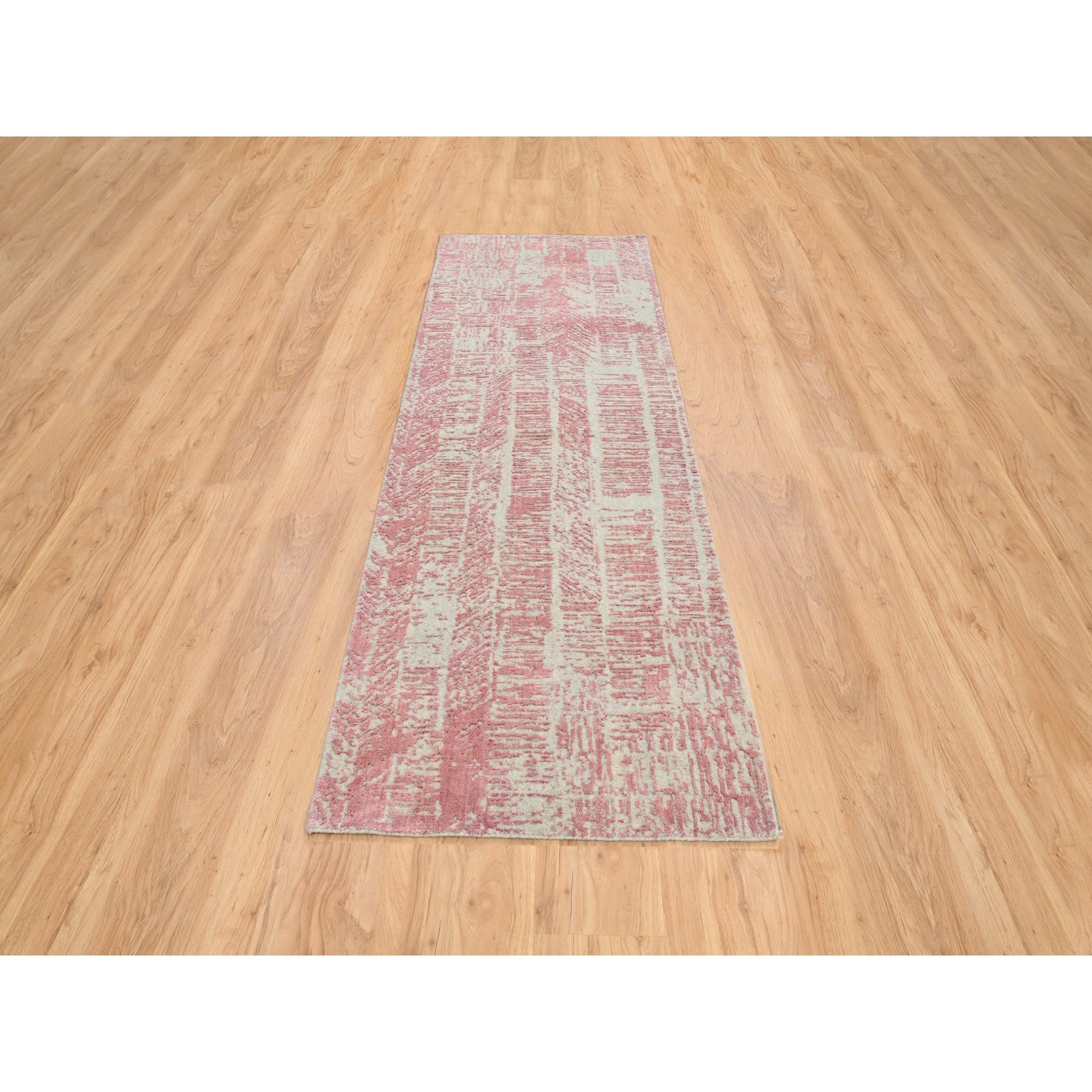 2'6"x10' Rose Pink, Wool and Art Silk Jacquard Hand Loomed, All Over Design, Runner Oriental Rug 