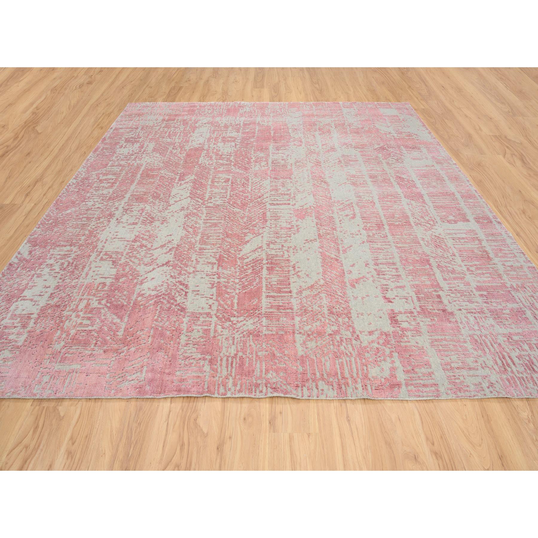 10'2"x10'2" Rose Pink, Wool and Art Silk Jacquard Hand Loomed, All Over Design, Square Oriental Rug 