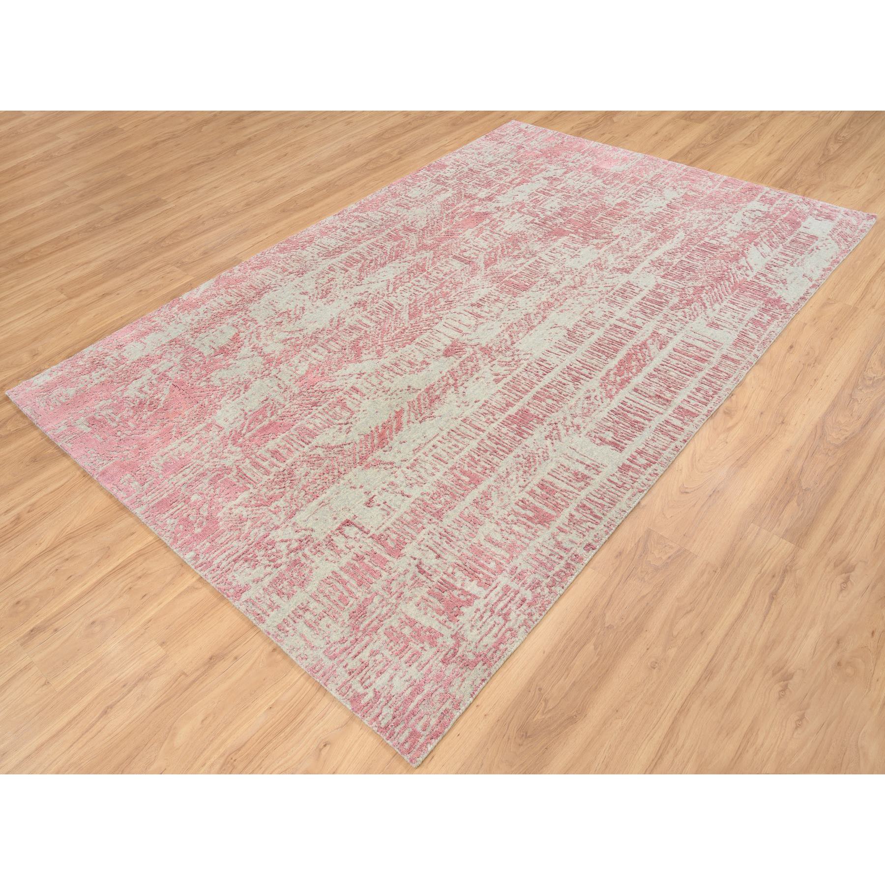 6'x9'1" Rose Pink, All Over Design, Wool and Art Silk, Jacquard Hand Loomed, Oriental Rug 