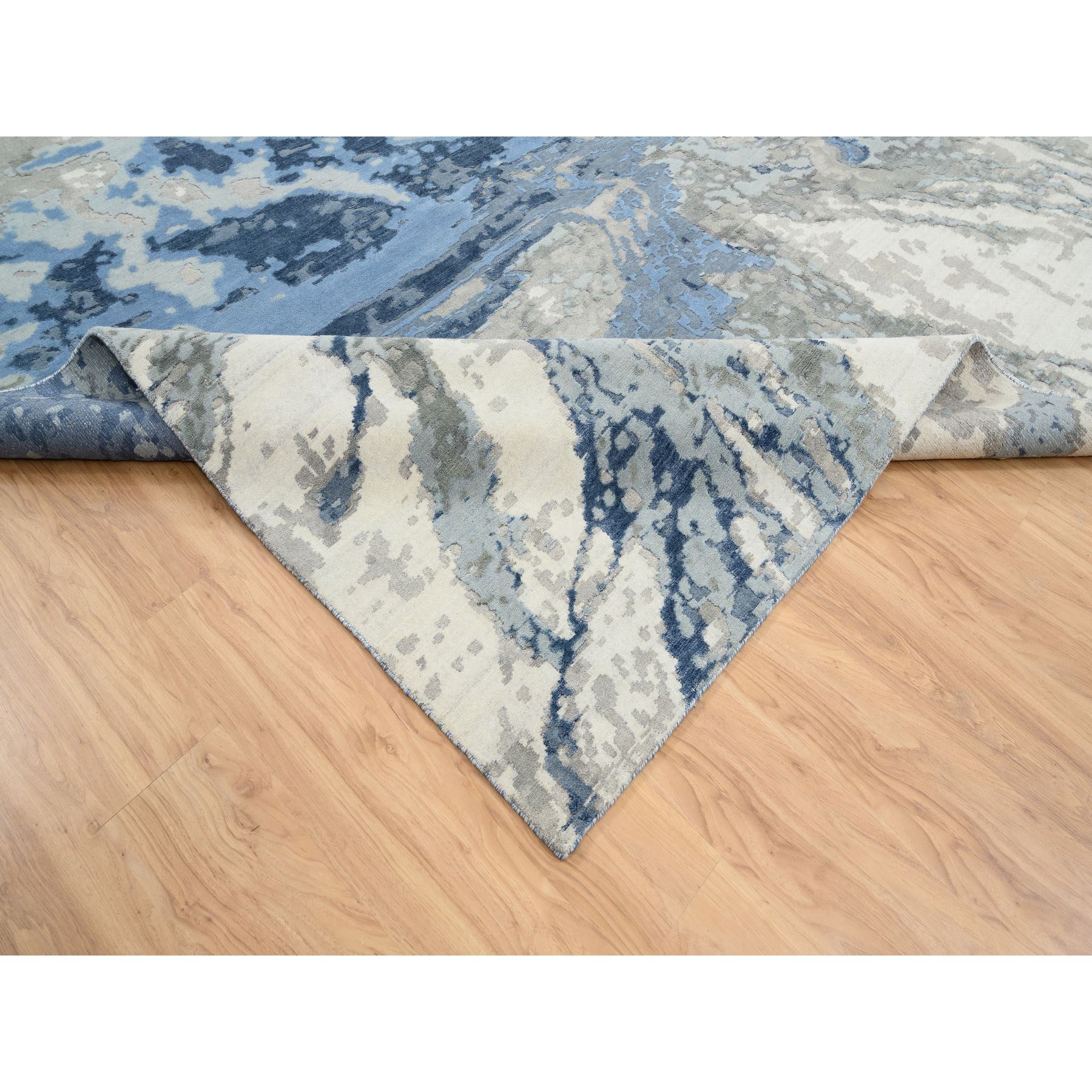 10'x13'7" Beige and Blue, Abstract Design Wool and Silk, Hi-Low Pile Hand Woven, Oriental Rug 