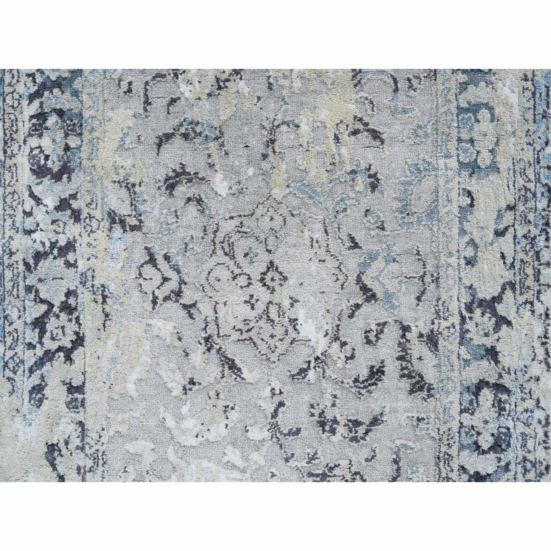 2'6"x6' Light Gray, Hand Woven Broken Kashan Design, Pure Silk with Wool, Runner Oriental Rug 